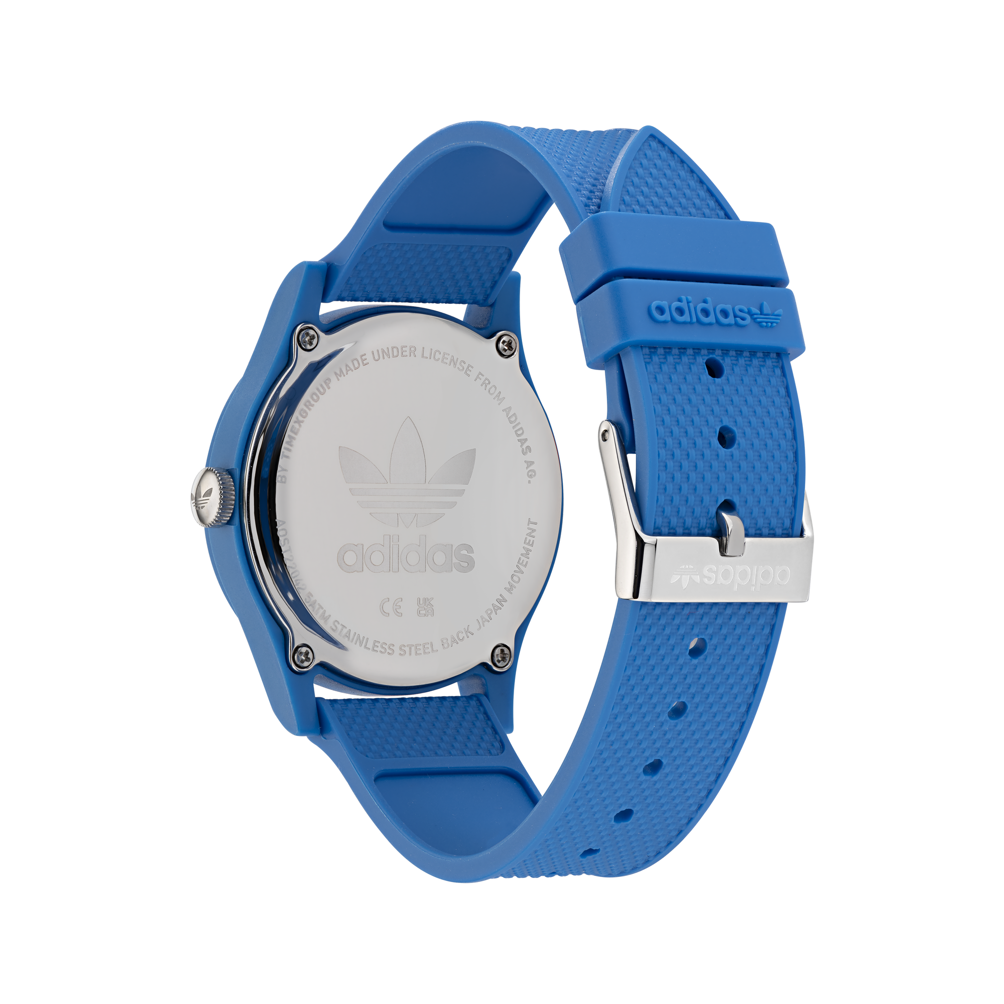 Blue wristwatch with a rubber strap and silver-colored case back.