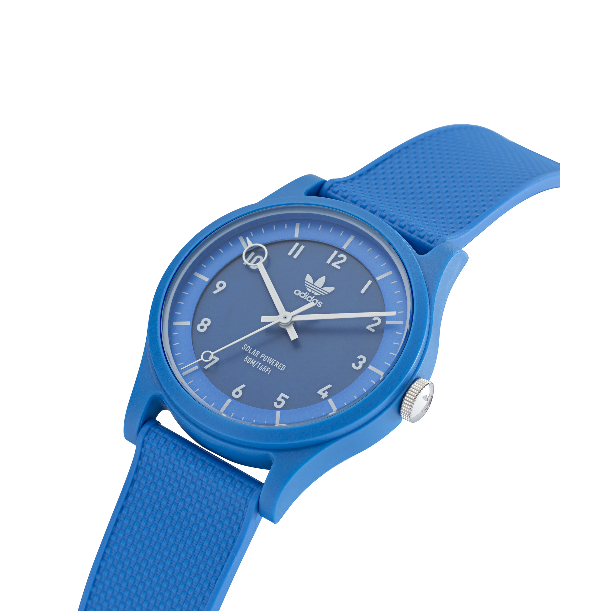 Blue wristwatch with a round face and matching blue strap.