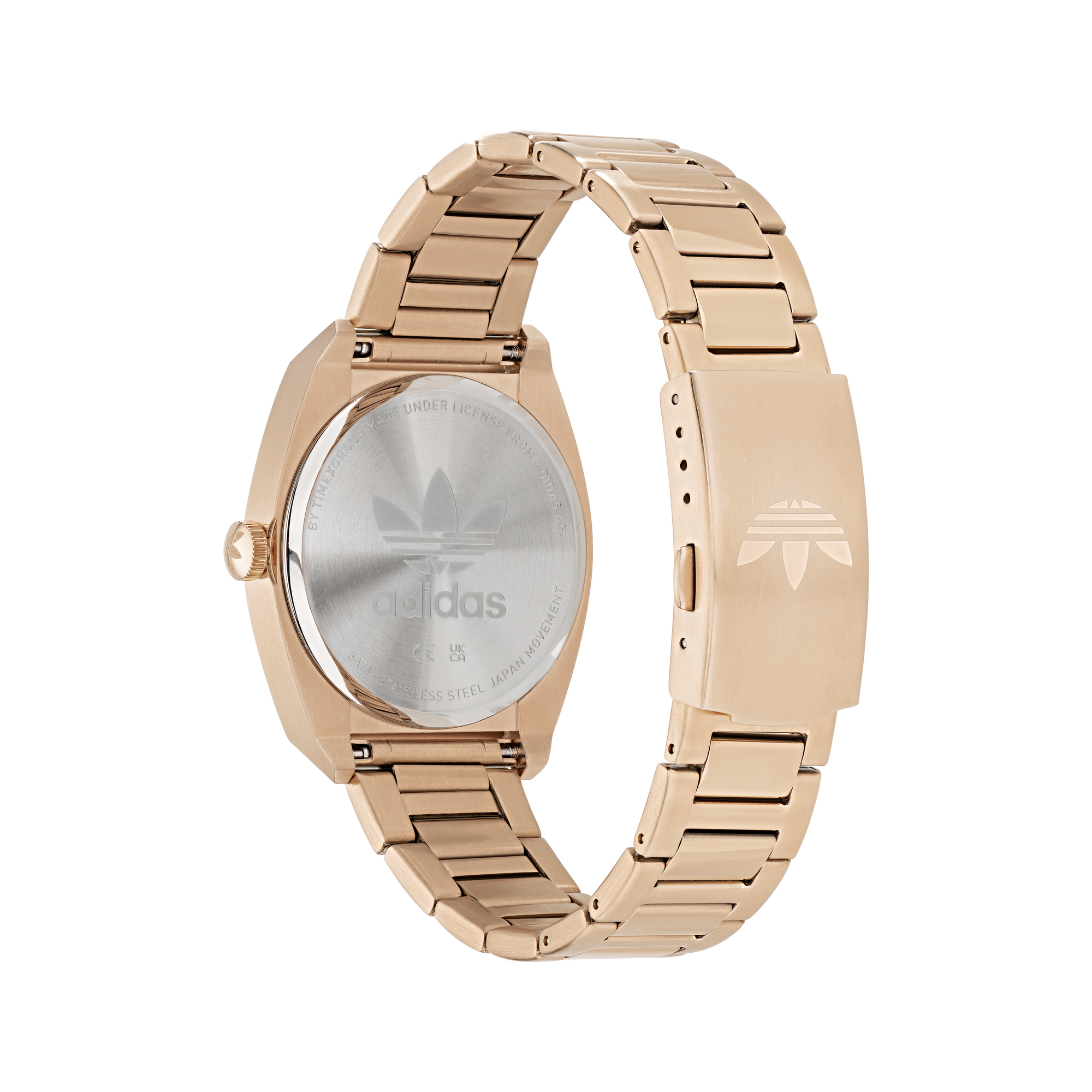 Rose gold wristwatch with a metal link band.