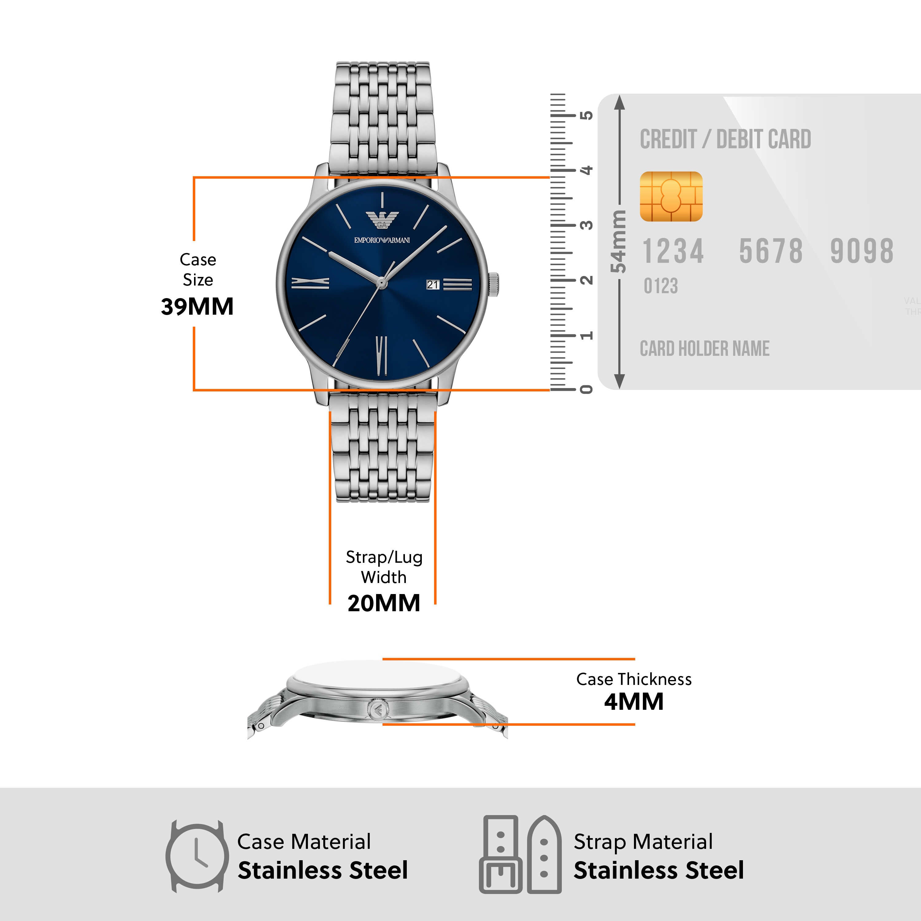 Emporio Armani Three-Hand Date Blue Dial Steel Bracelet AR11674