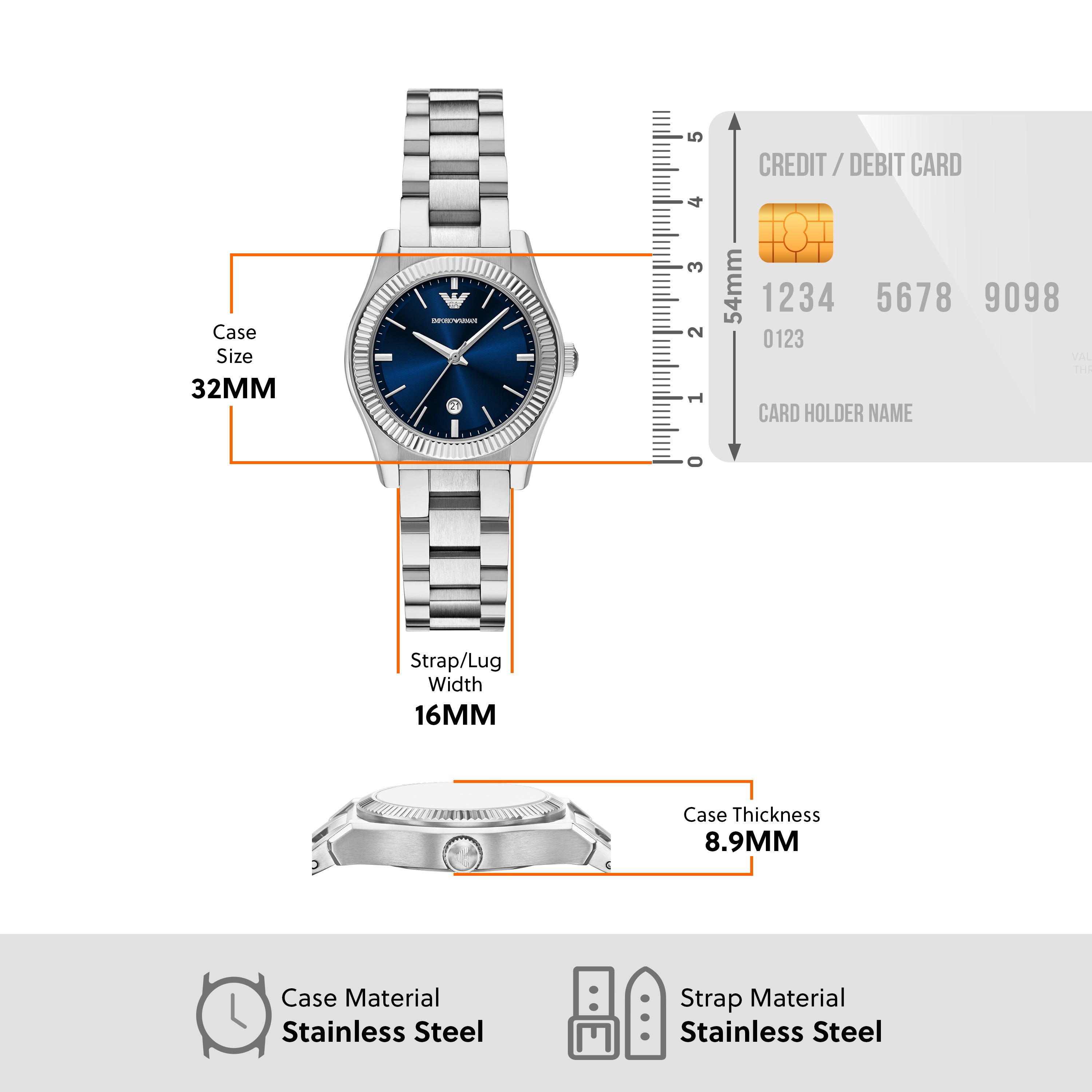 Emporio Armani Blue Dial Silver Stainless Steel Watch AR11717