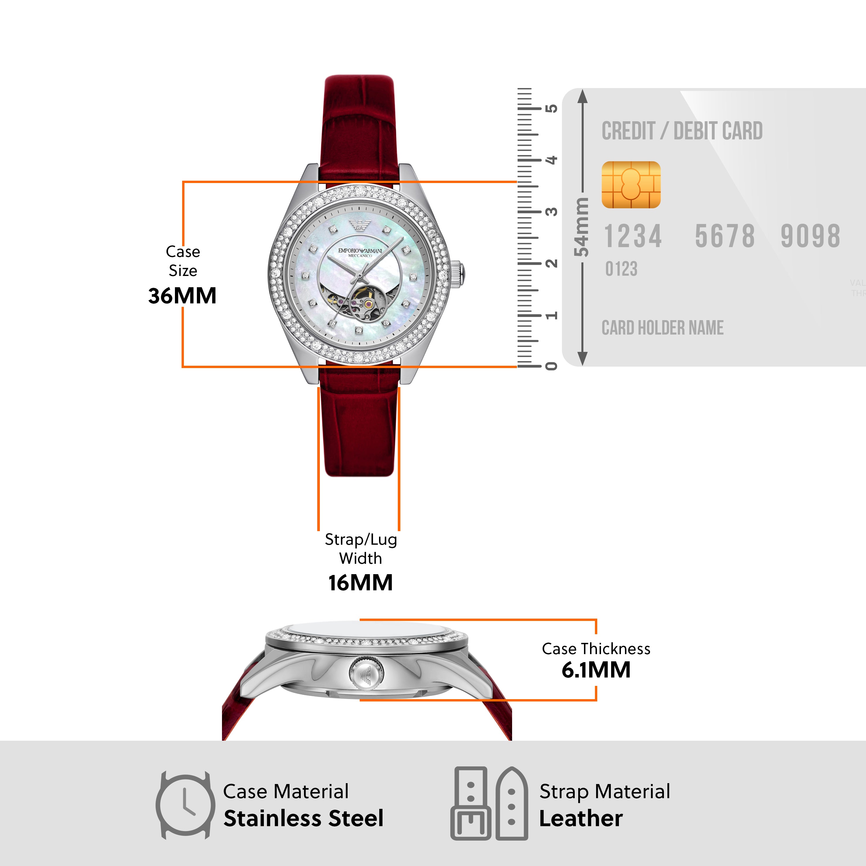Armani Leo Timepiece with Red Leather and Sunray Dial AR60075