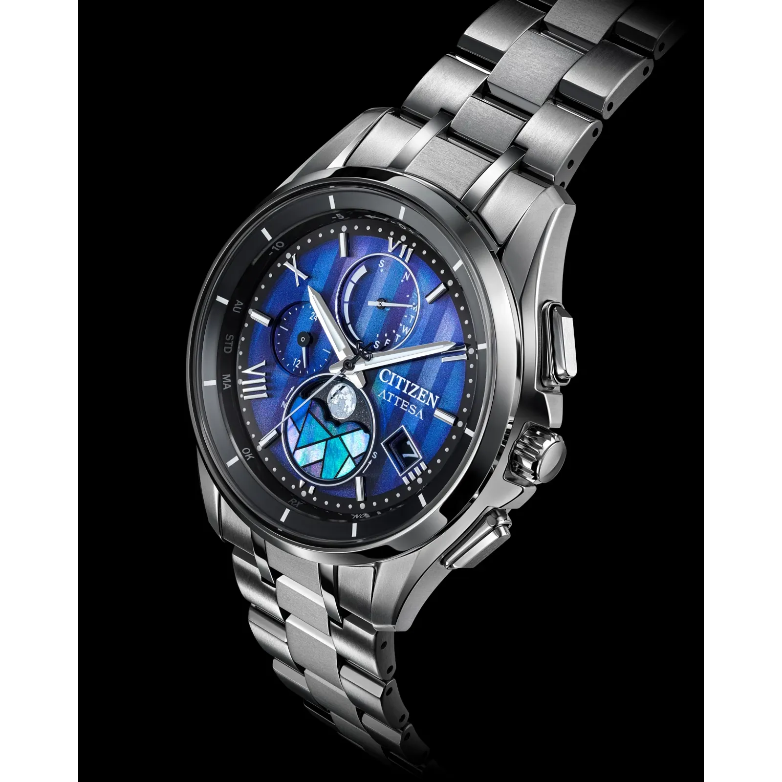 Citizen Attesa Atomic Timekeeping Eco-Drive Blue Dial Titanium Moonphase Watch BY1000-51L
