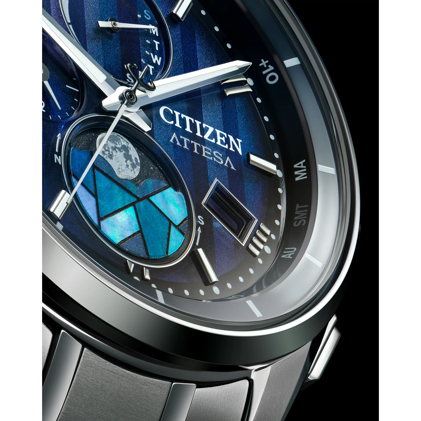 Citizen Attesa Atomic Timekeeping Eco-Drive Blue Dial Titanium Moonphase Watch BY1000-51L