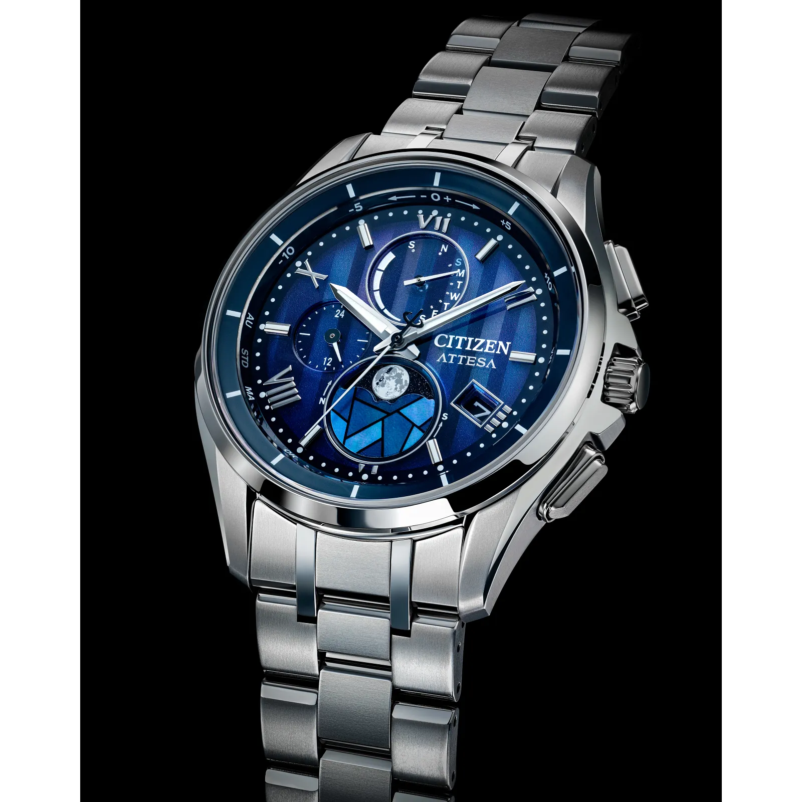 Citizen Attesa Atomic Timekeeping Eco-Drive Blue Dial Titanium Moonphase Watch BY1000-51L