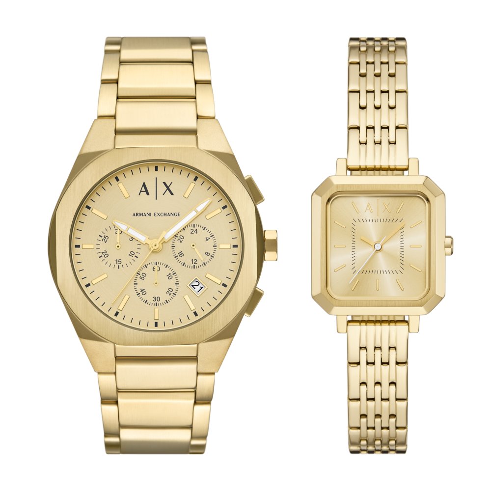 Armani Exchange Sync Chronograph Gold-Tone Stainless Steel Couples Watch Gift Set AX7171SET