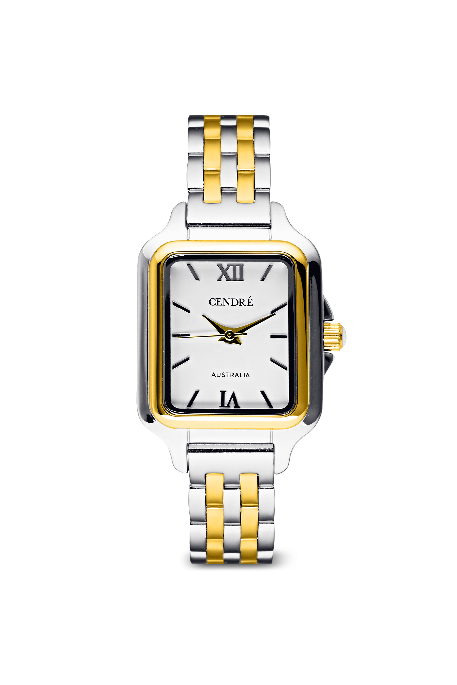 Cendré Ava two-tone watch with white Roman numeral dial on a white background
