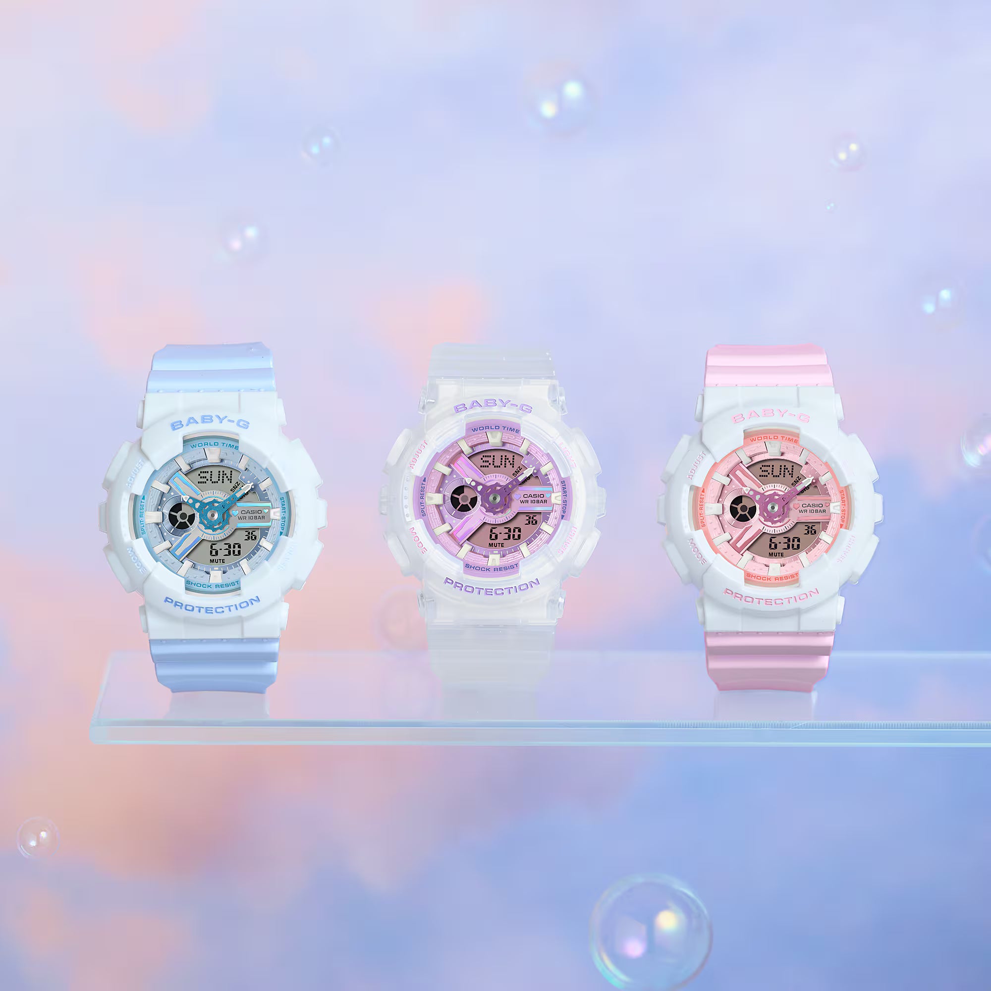 Baby-G Blue Dial Pink Resin Band Iridescent White Case Watch BA110PD-4A