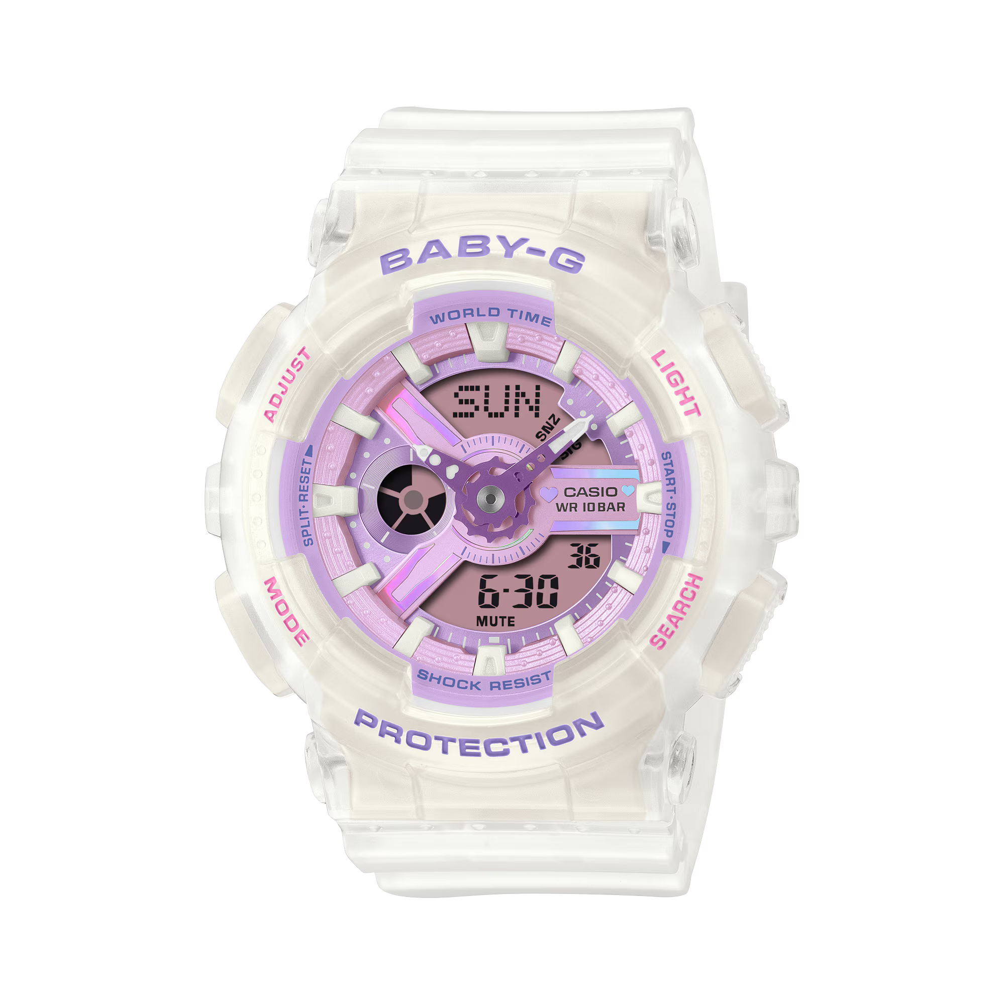 Baby-G Purple Dial Clear White Resin Band Frosted White Case Watch BA110PS-7A