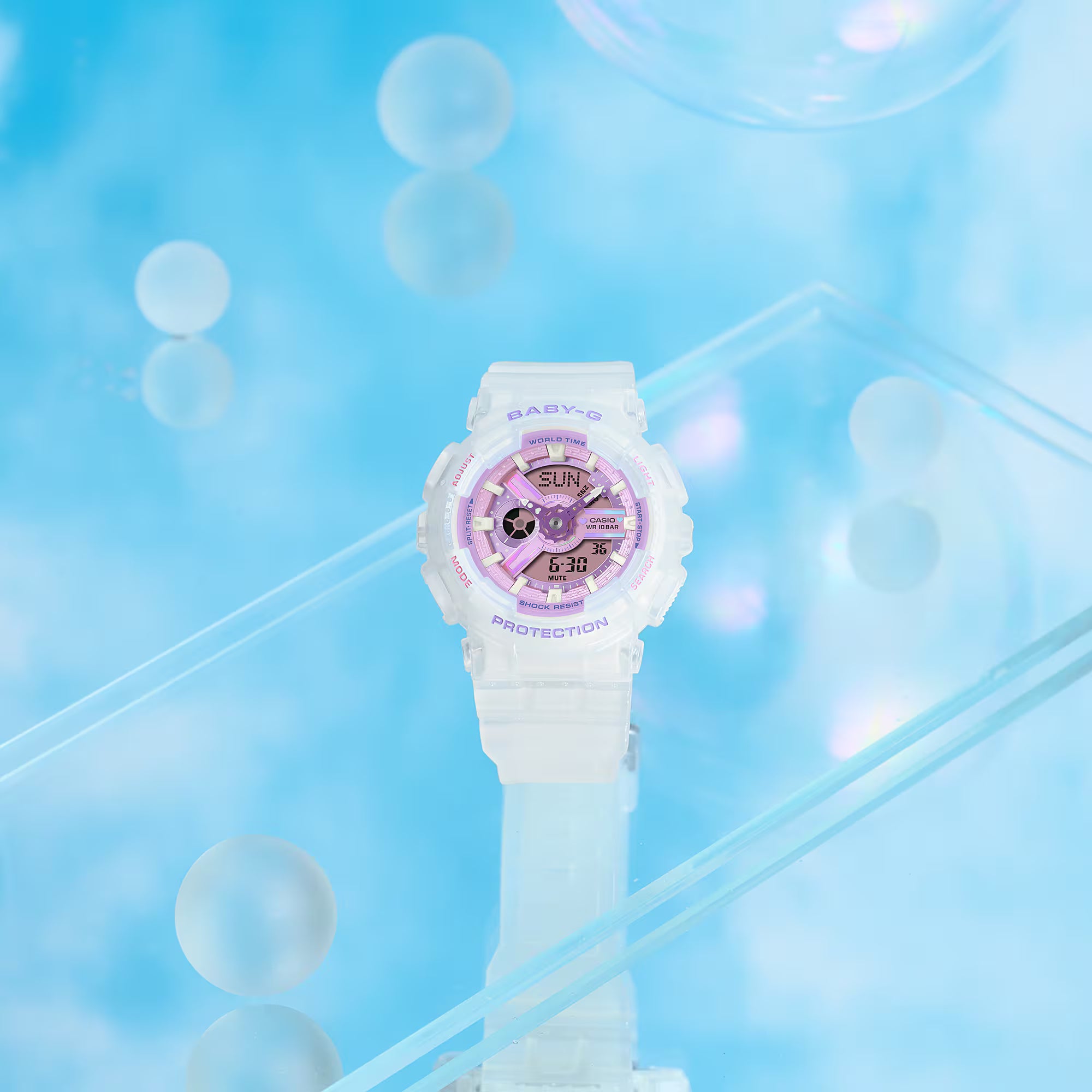 Baby-G Purple Dial Clear White Resin Band Frosted White Case Watch BA110PS-7A