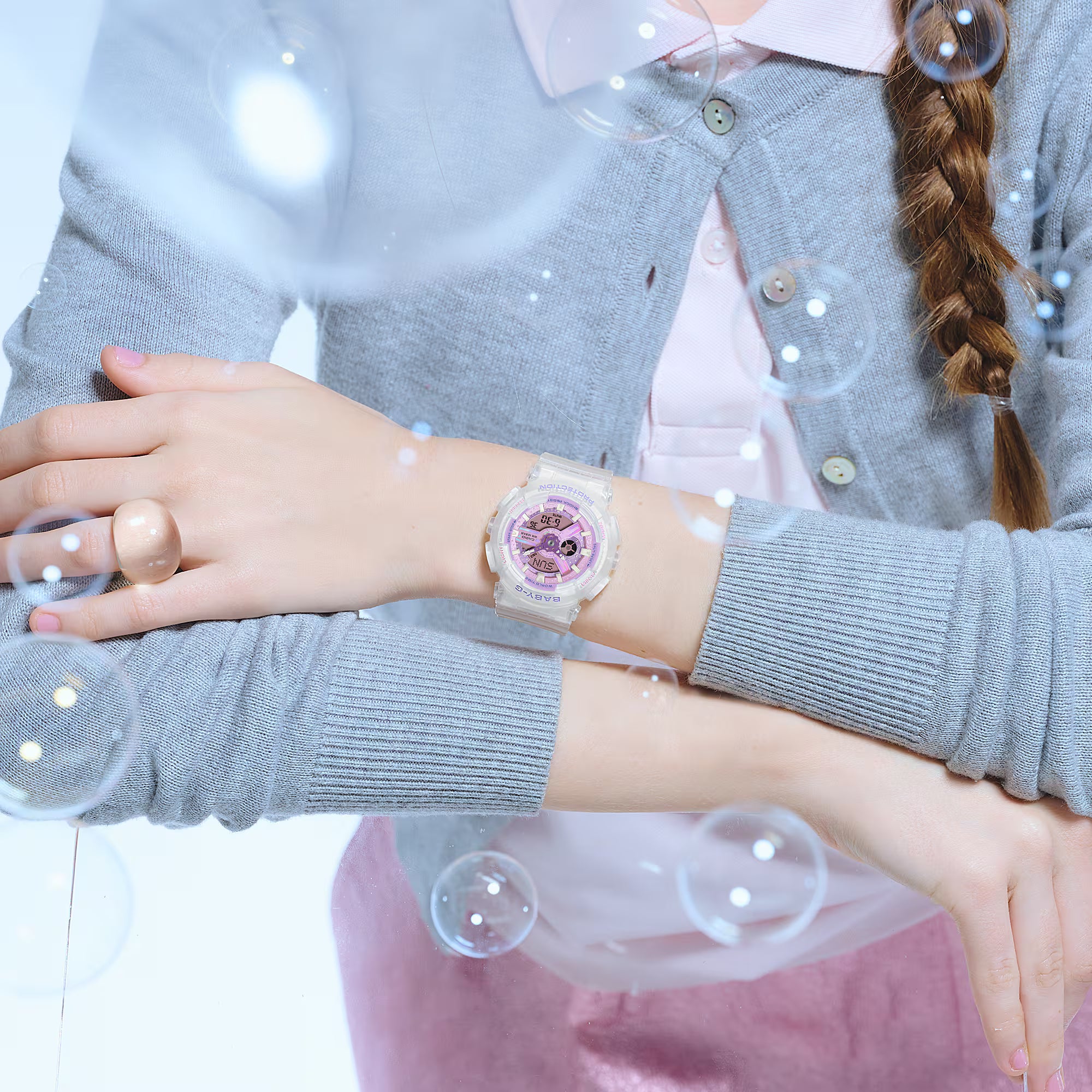 Baby-G Purple Dial Clear White Resin Band Frosted White Case Watch BA110PS-7A