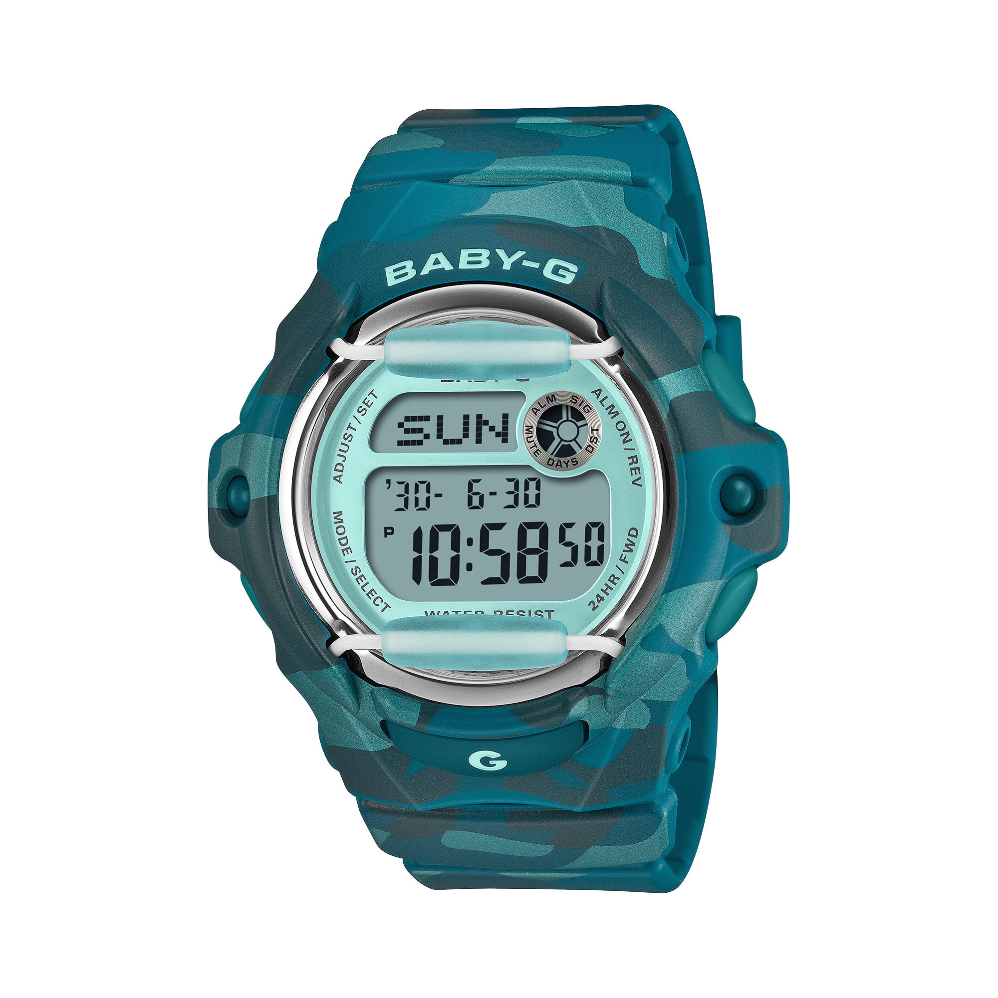 Baby-G wristwatch with a blue-green camouflage resin case and band.