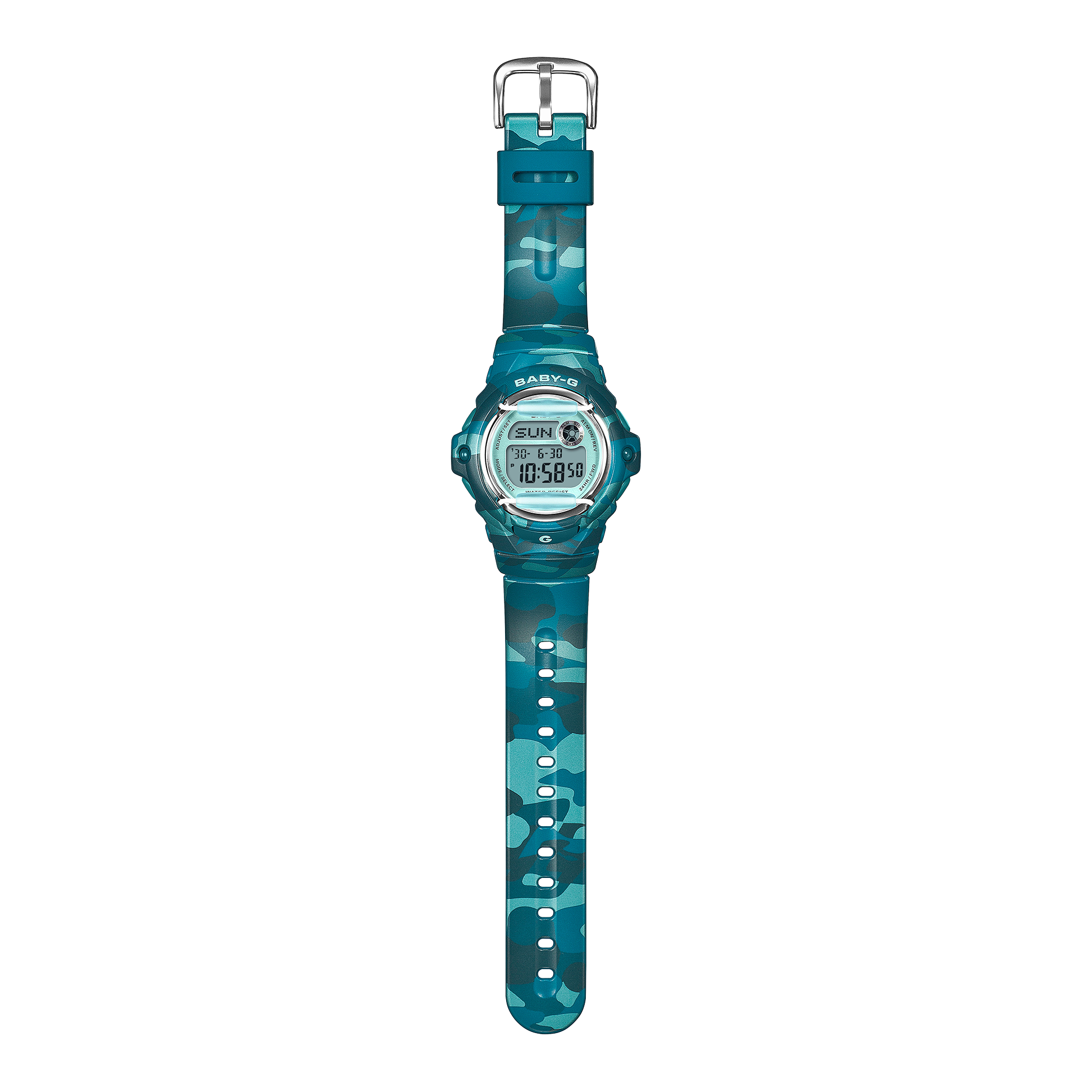 Angled view of the Baby-G BG169CM-2D camouflage case.