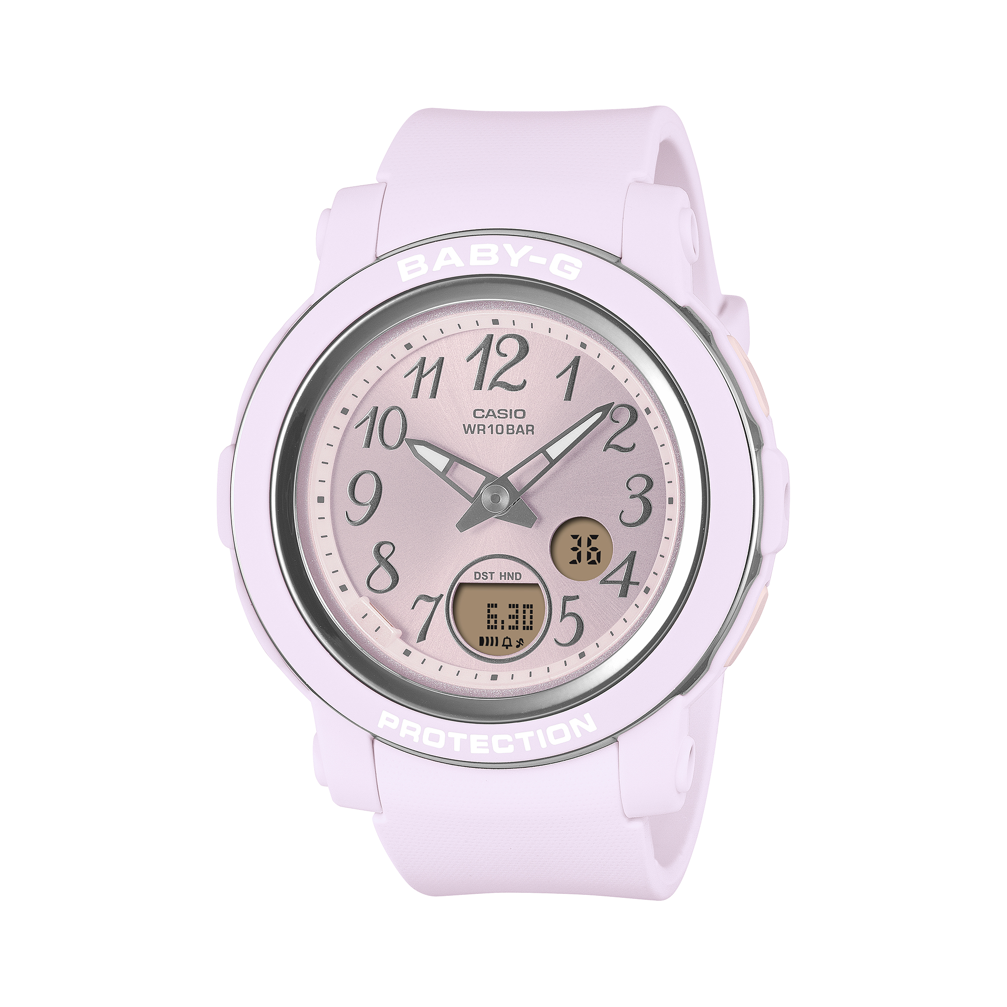 Baby-G BGA290SA-6A pale purple analogue digital watch on a resin band, shown straight on.