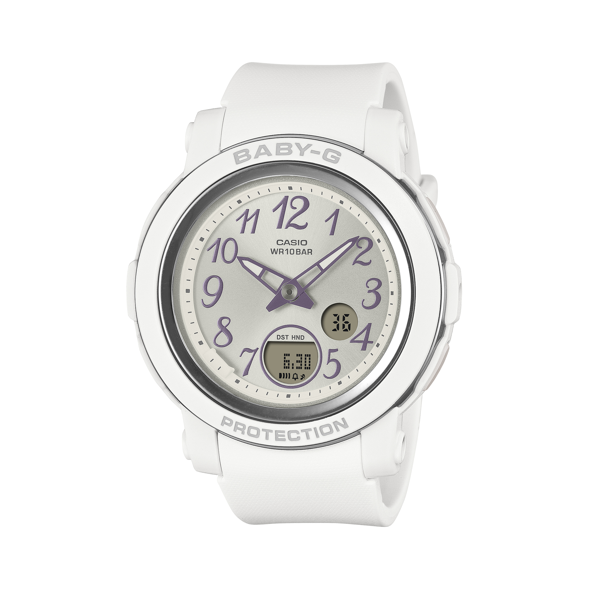 Baby-G BGA290SA-7A soft white analogue digital watch on a resin band, shown straight on.