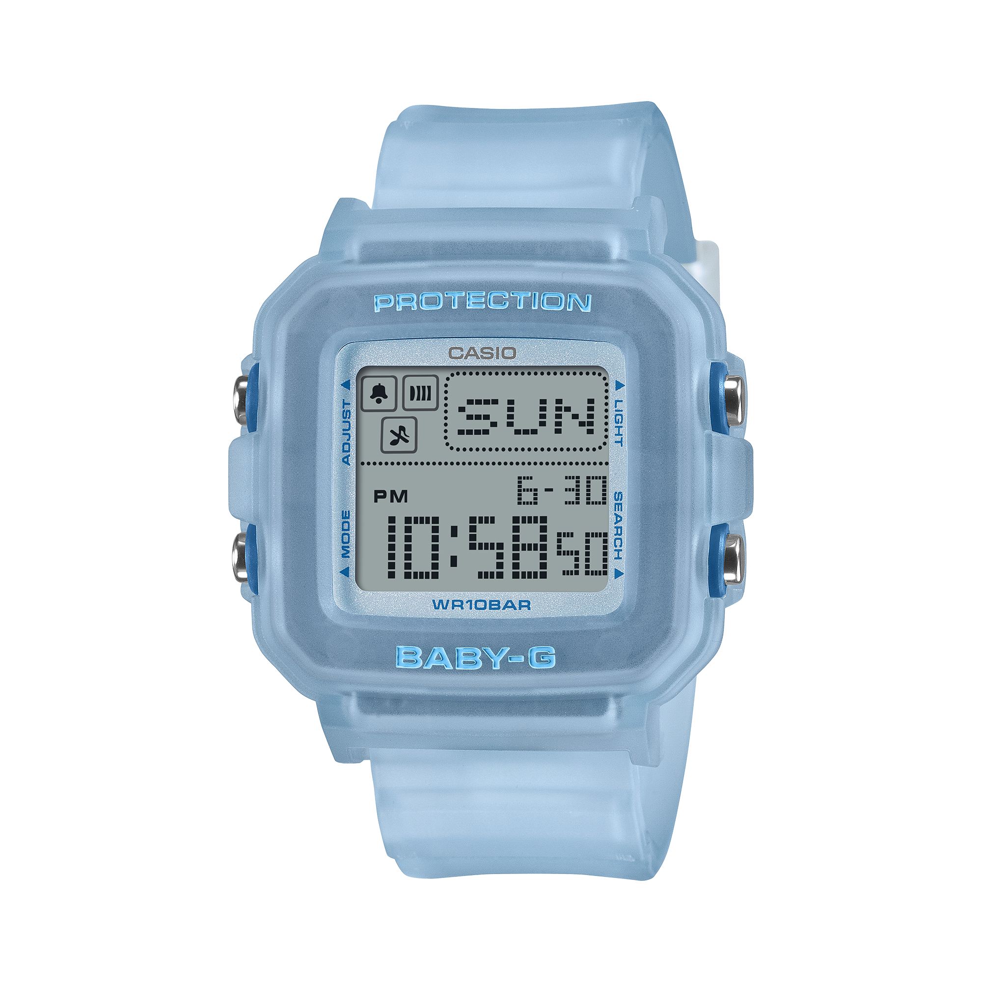 Baby-G +PLUS BGD10KG-2D translucent blue digital watch, shown straight on.