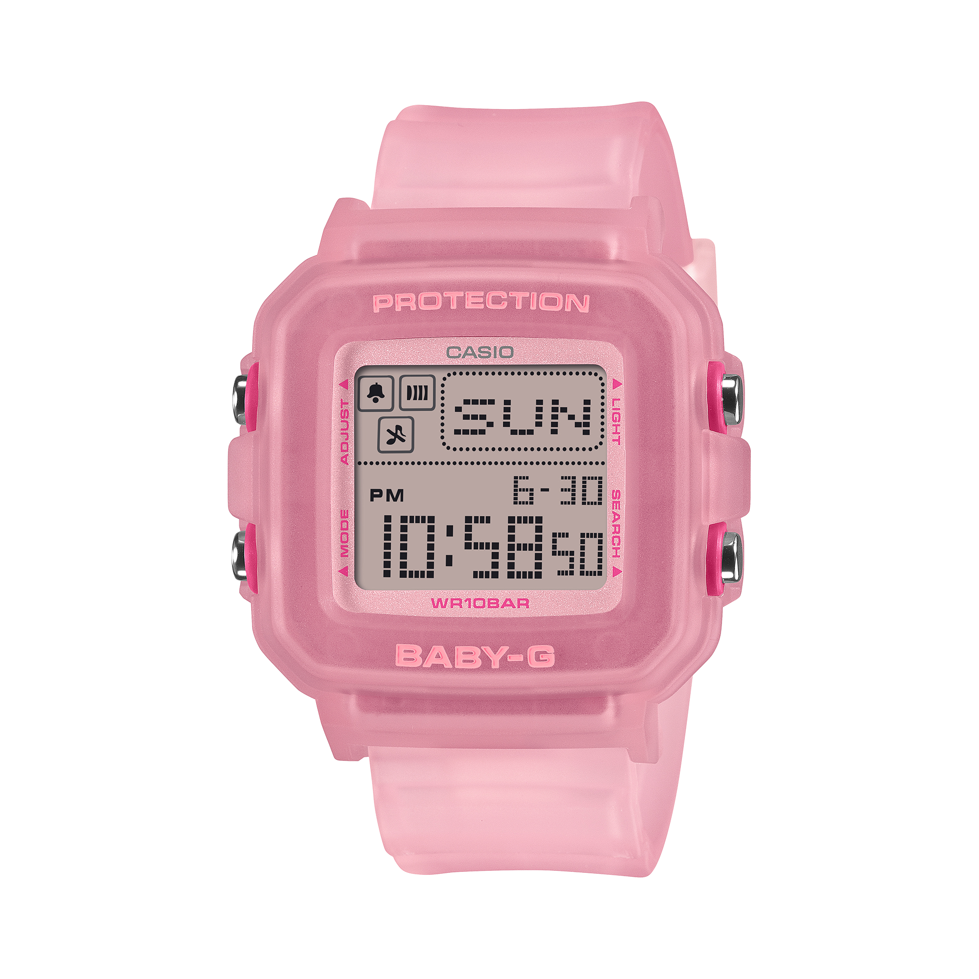 Baby-G +PLUS BGD10KG-4D translucent pink digital watch, shown straight on.