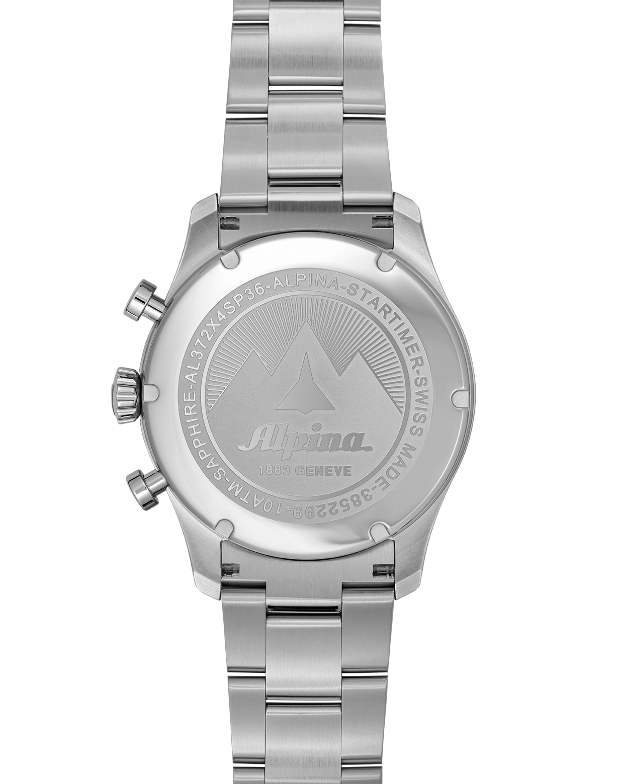 Stainless steel wristwatch with a metal bracelet band, showing its caseback with engraved details.