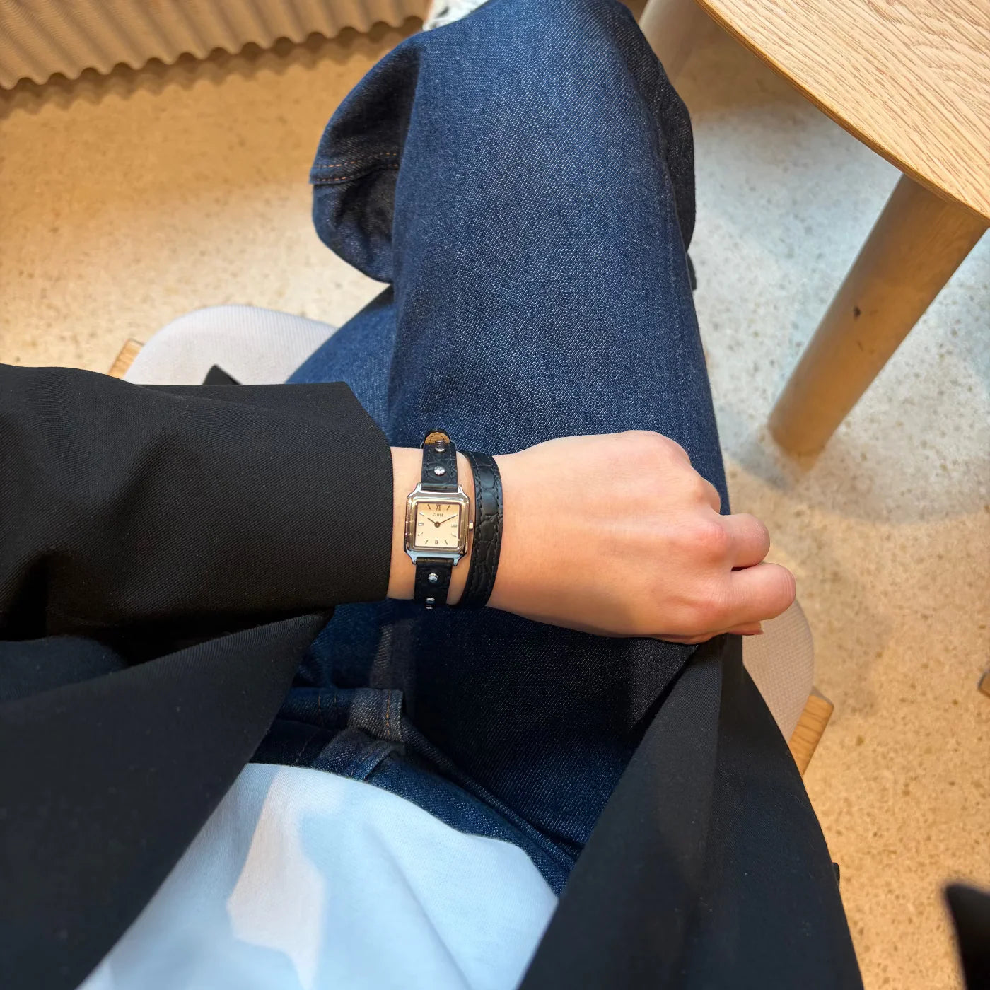 CLUSE Gracieuse Watch Double Leather Black Band Studs Silver Women's Watch CW15508