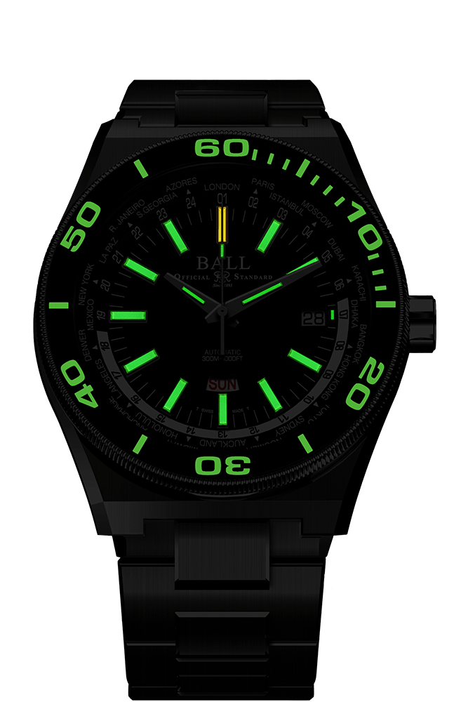 Ball Roadmaster Worldtime DG3032A-S-BKBK night view showing micro gas tube illumination