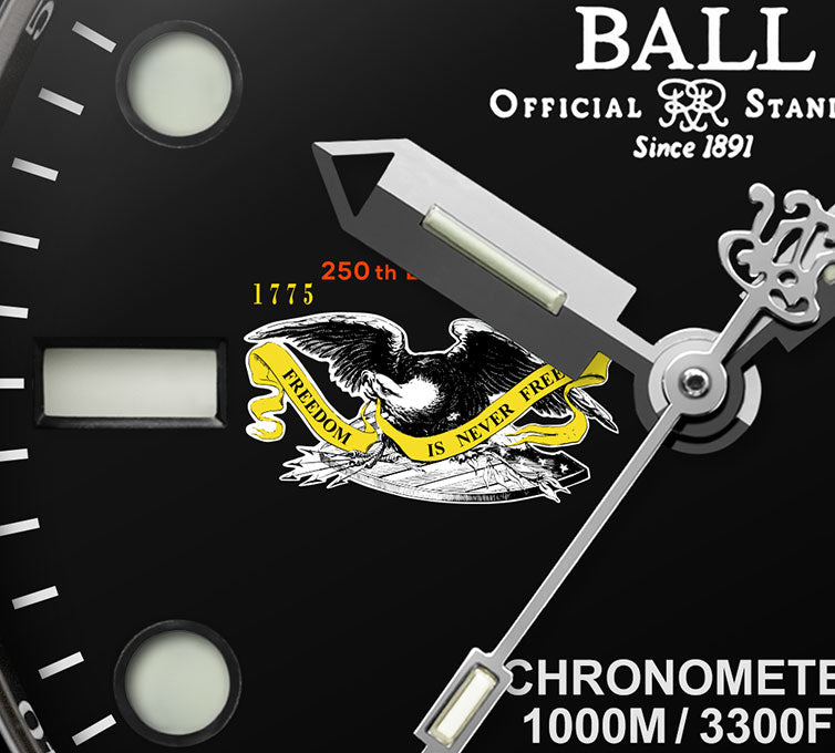Close-up of the Ball DM3002A-S9C-BK black dial showing 15 micro gas tubes beneath cutout hour markers