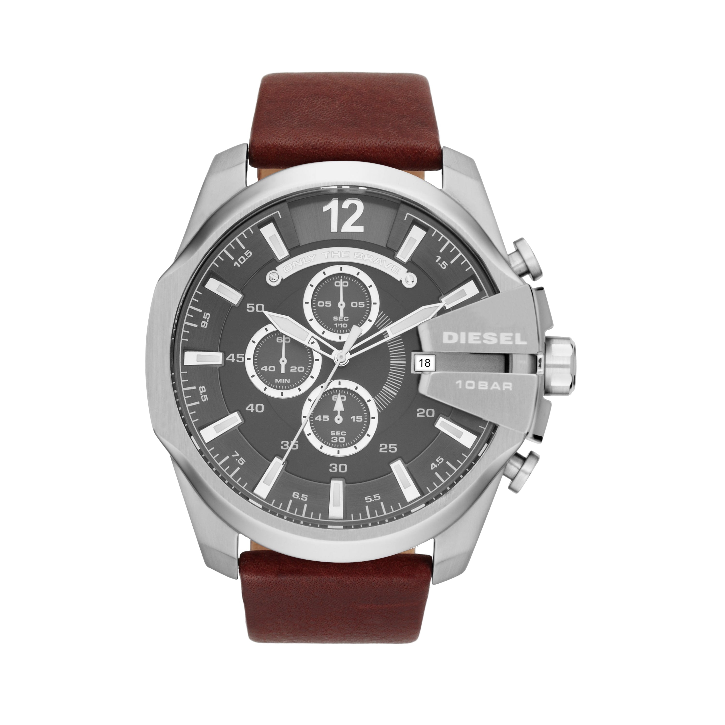 Men’s wristwatch with a silver case, dark gray dial, and brown leather strap.