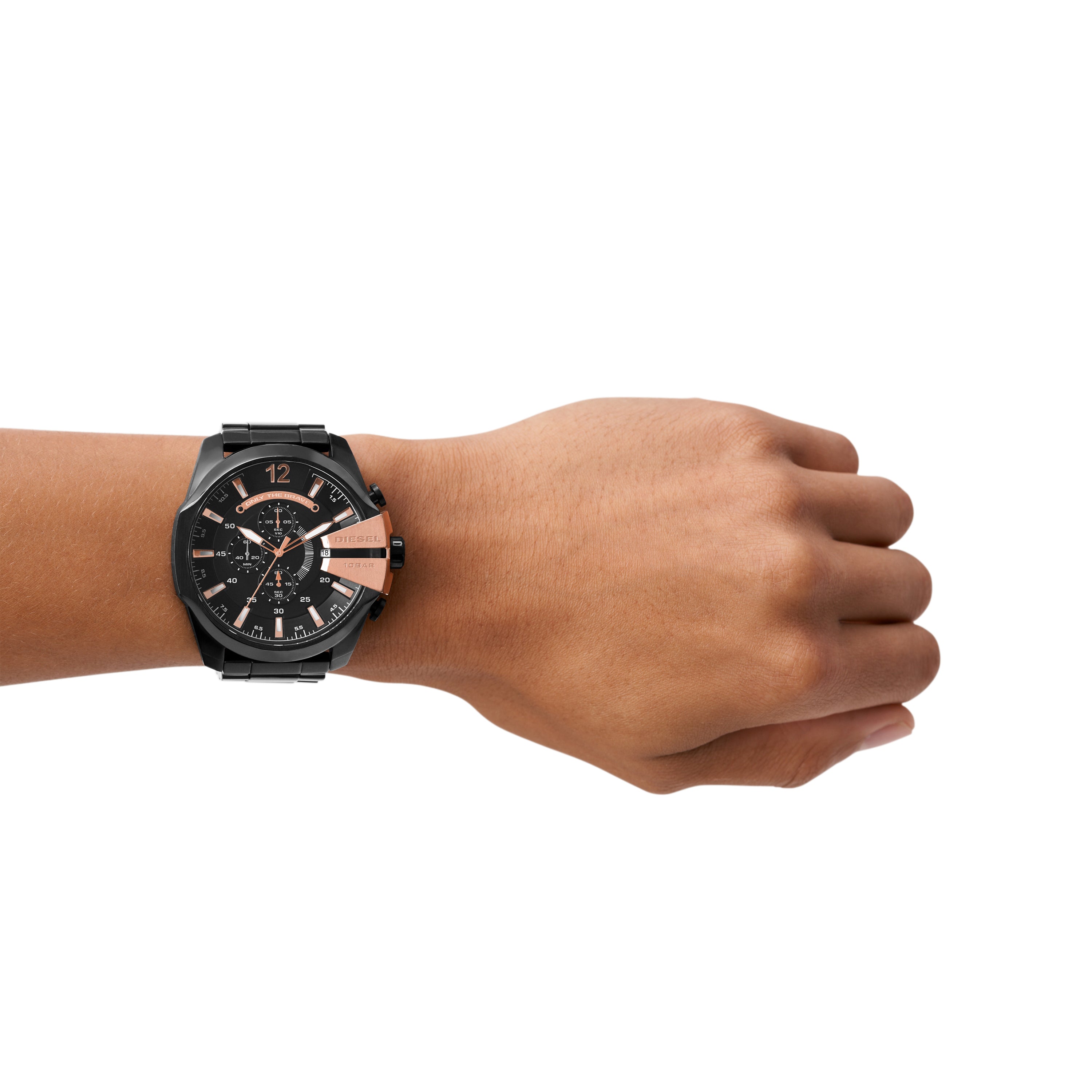 Black wristwatch with a round face and multiple dials worn on a person’s wrist.