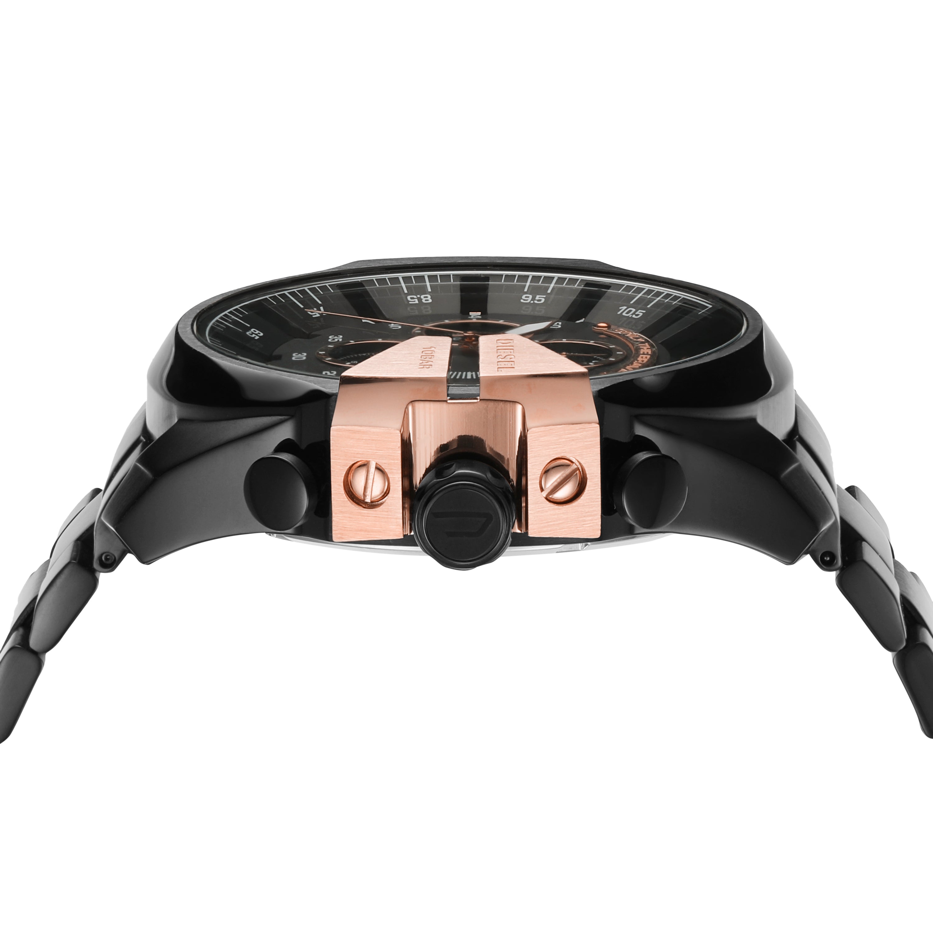 Luxury wristwatch with black and rose gold accents.