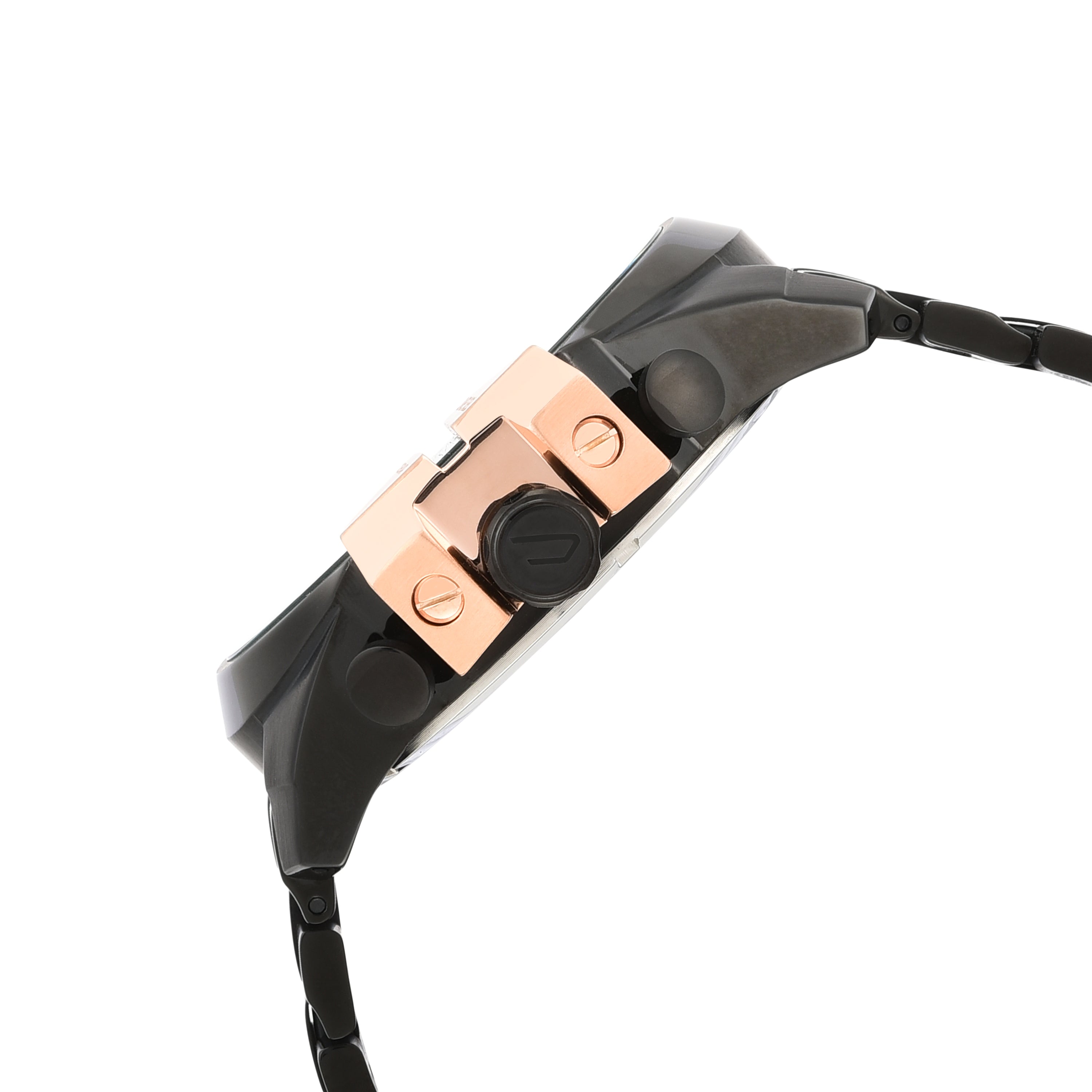 Digital wristwatch with a black band and rose gold-colored face.