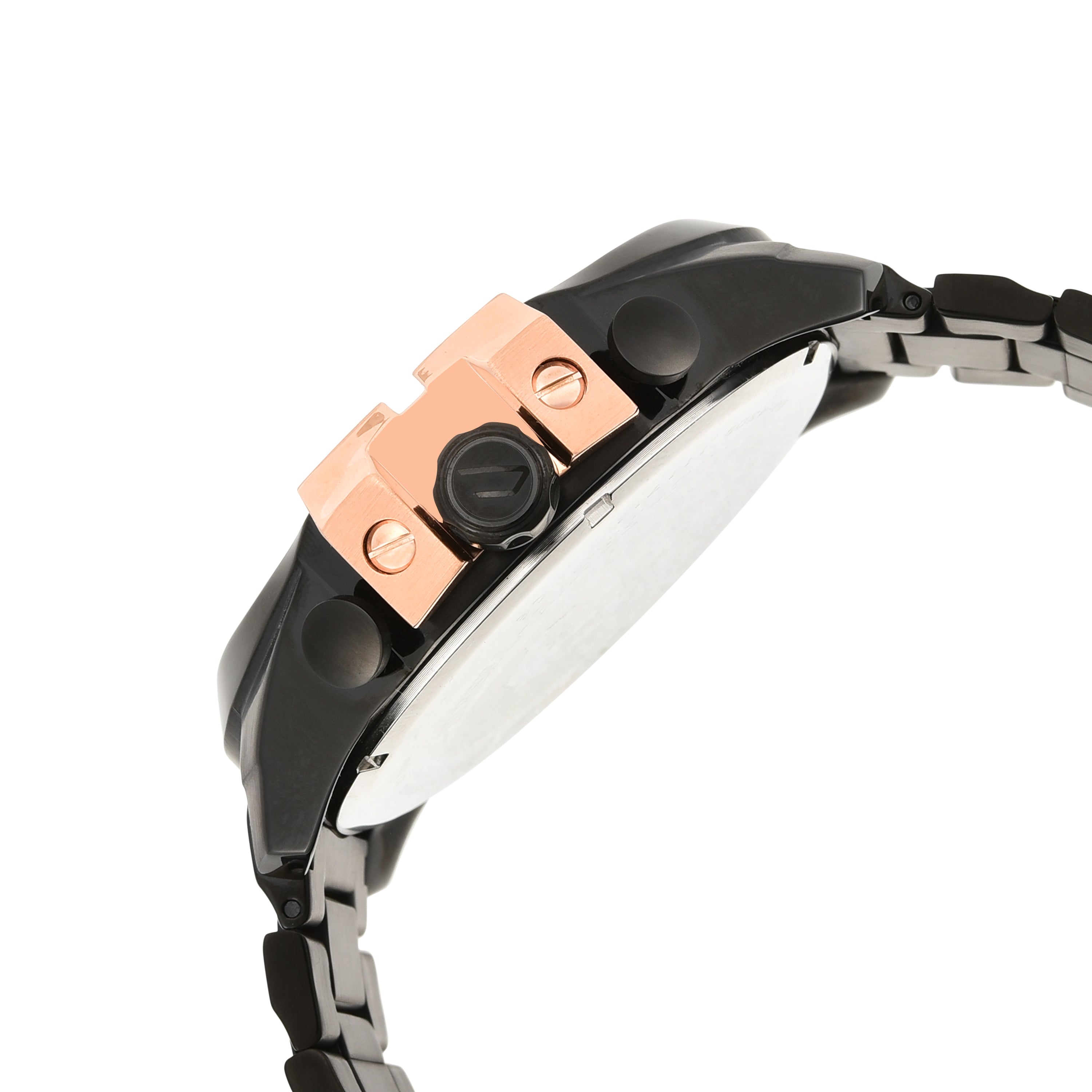 Wristwatch with a black and rose gold-colored case and metal bracelet.
