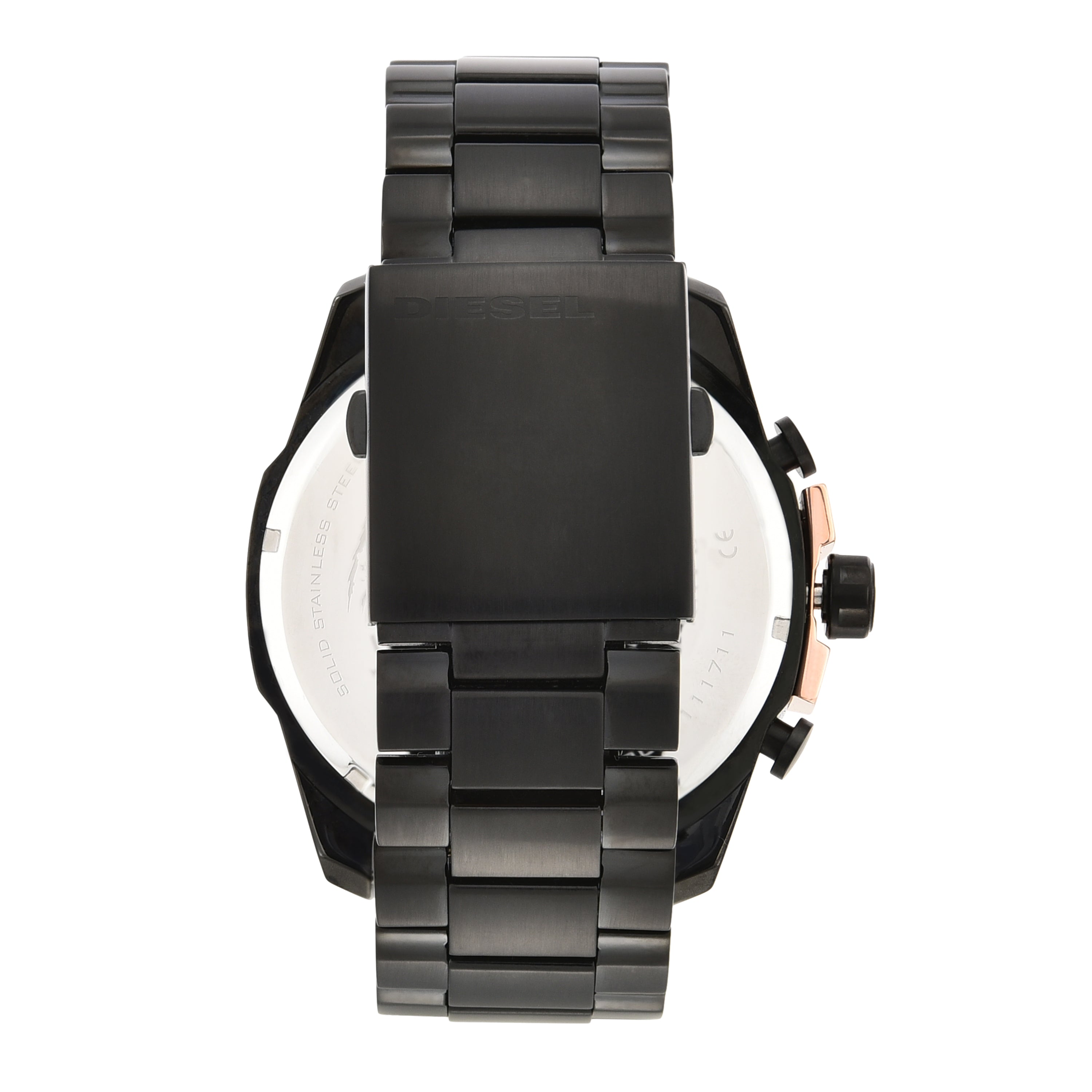 Black metal wristwatch with a chunky case and bracelet-style band.