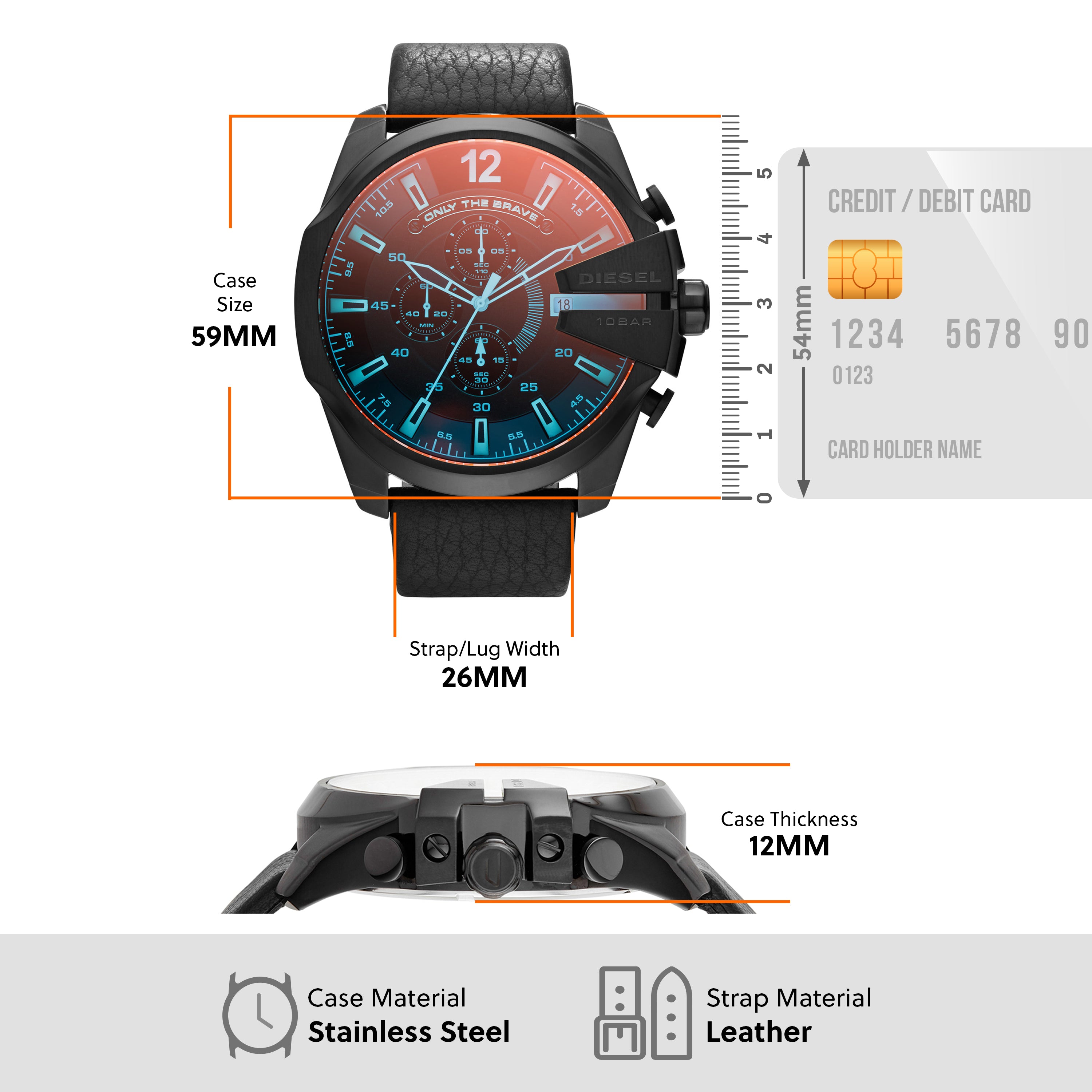 Stylish black chronograph wristwatch with a red and blue gradient dial face.