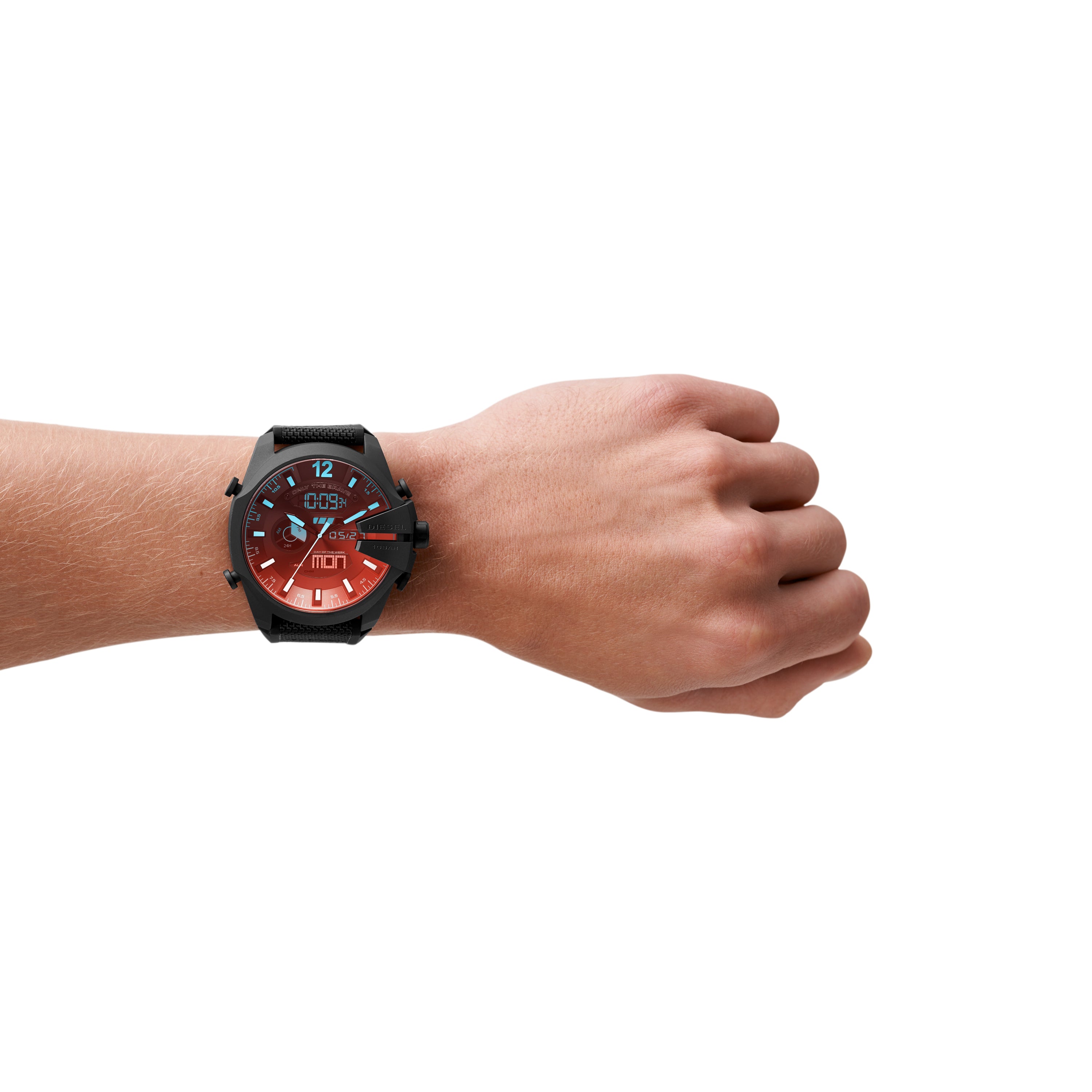 Wristwatch with a black case and red dial worn on a person’s wrist.