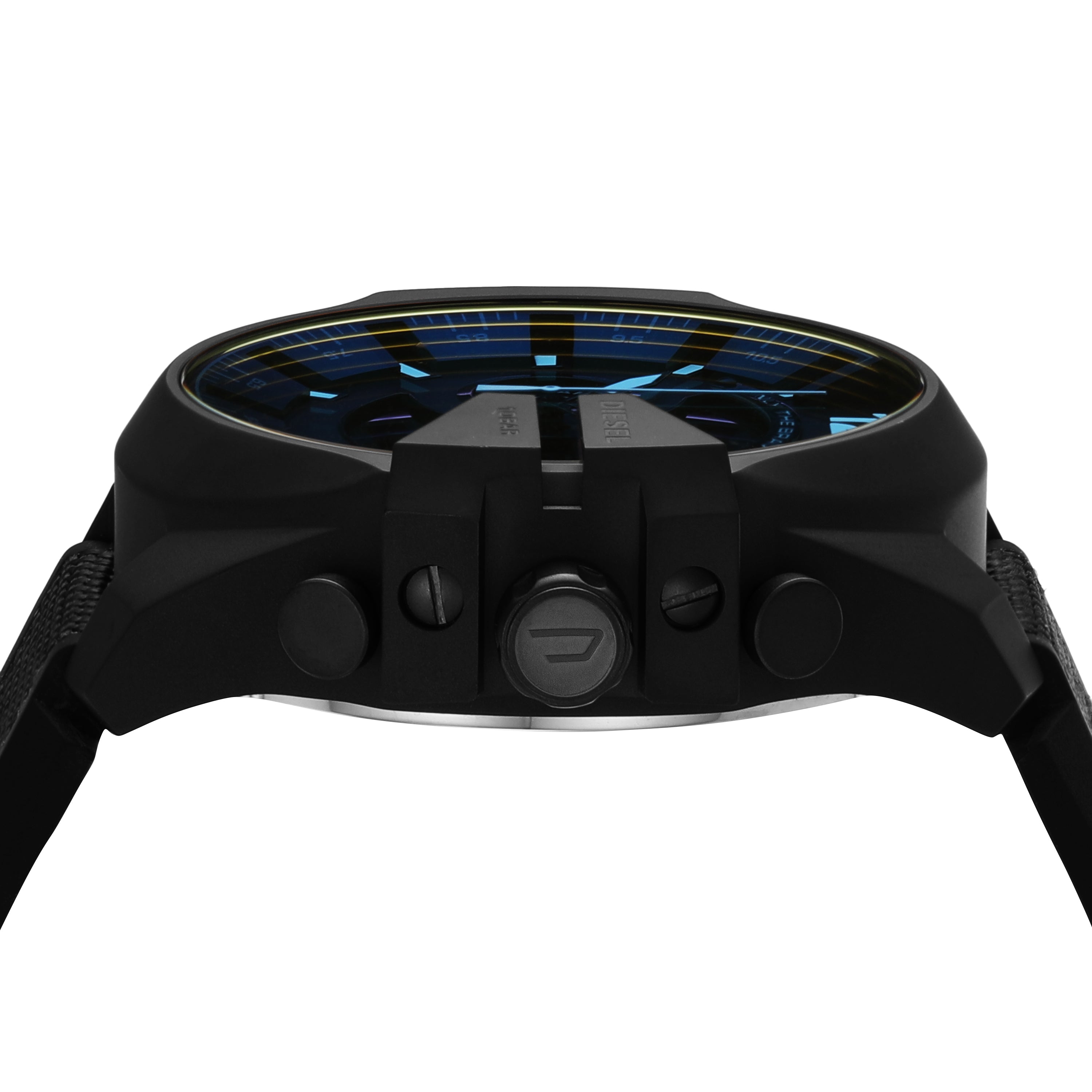 Black wristwatch with a blue-tinted face and multiple side buttons.