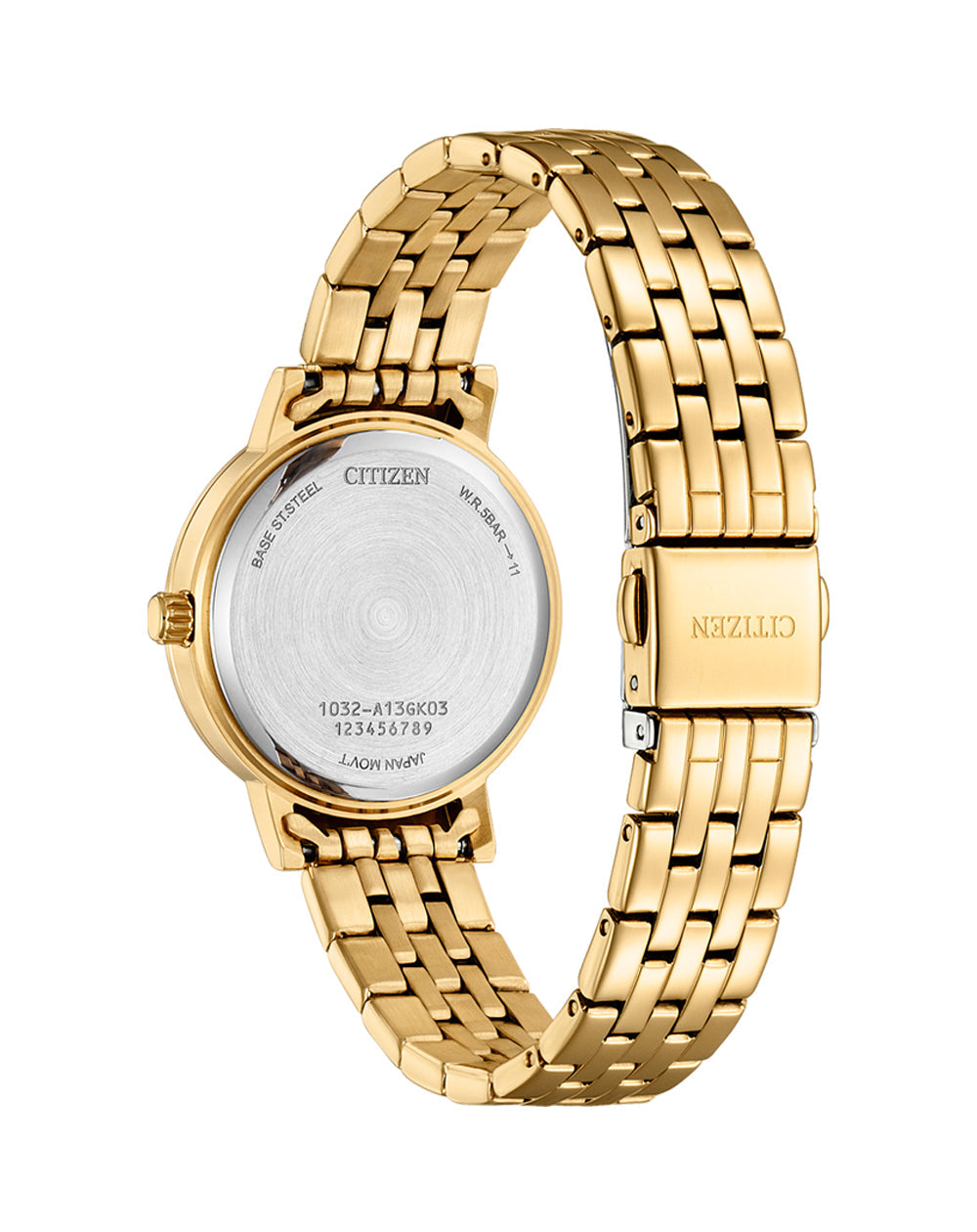 Back view of Citizen Crystals and Mother of Pearl Ladies Watch EL3103-57D with gold-tone stainless steel bracelet.