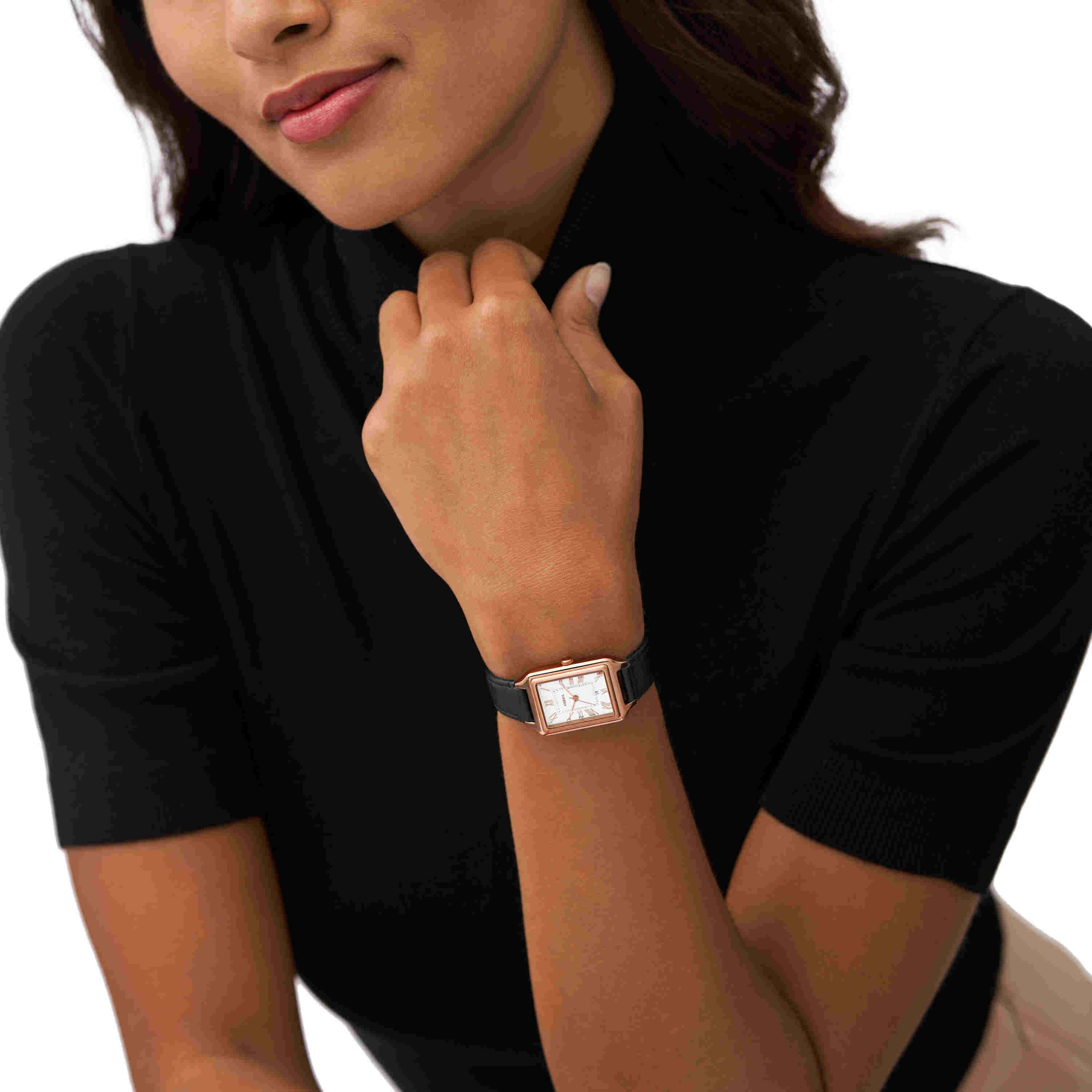 Fossil Raquel Black LiteHide Leather White Dial Watch ES5310