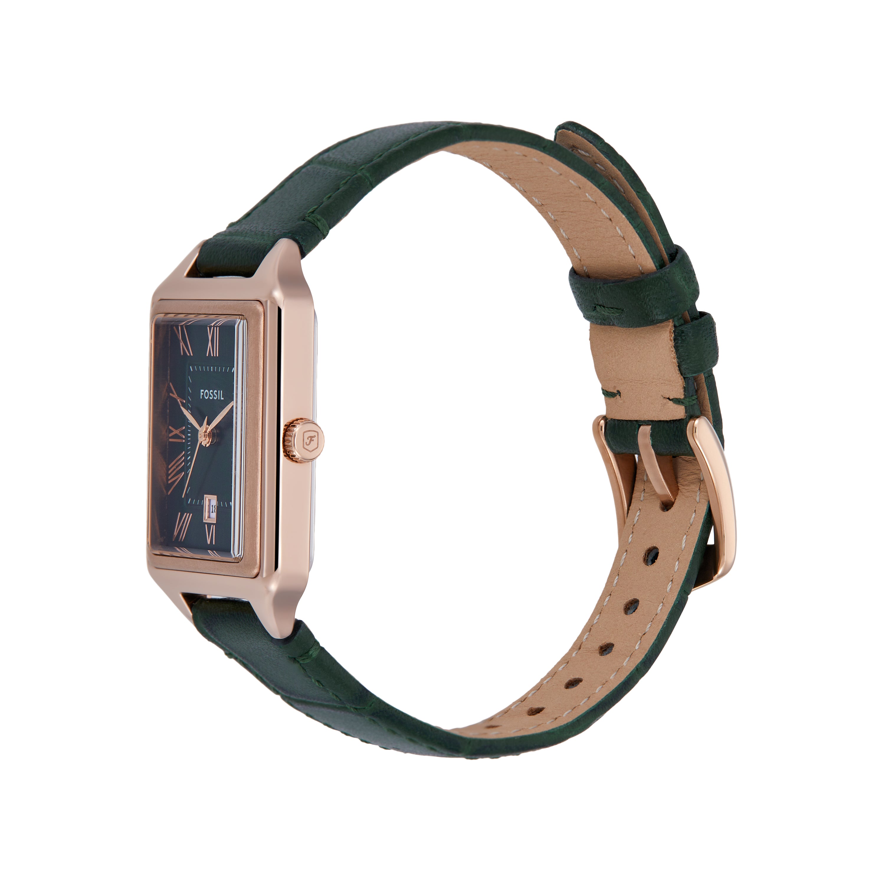 Fossil Raquel Three-Hand Rose Gold Case Green Dial and Leather Band Watch ES5366