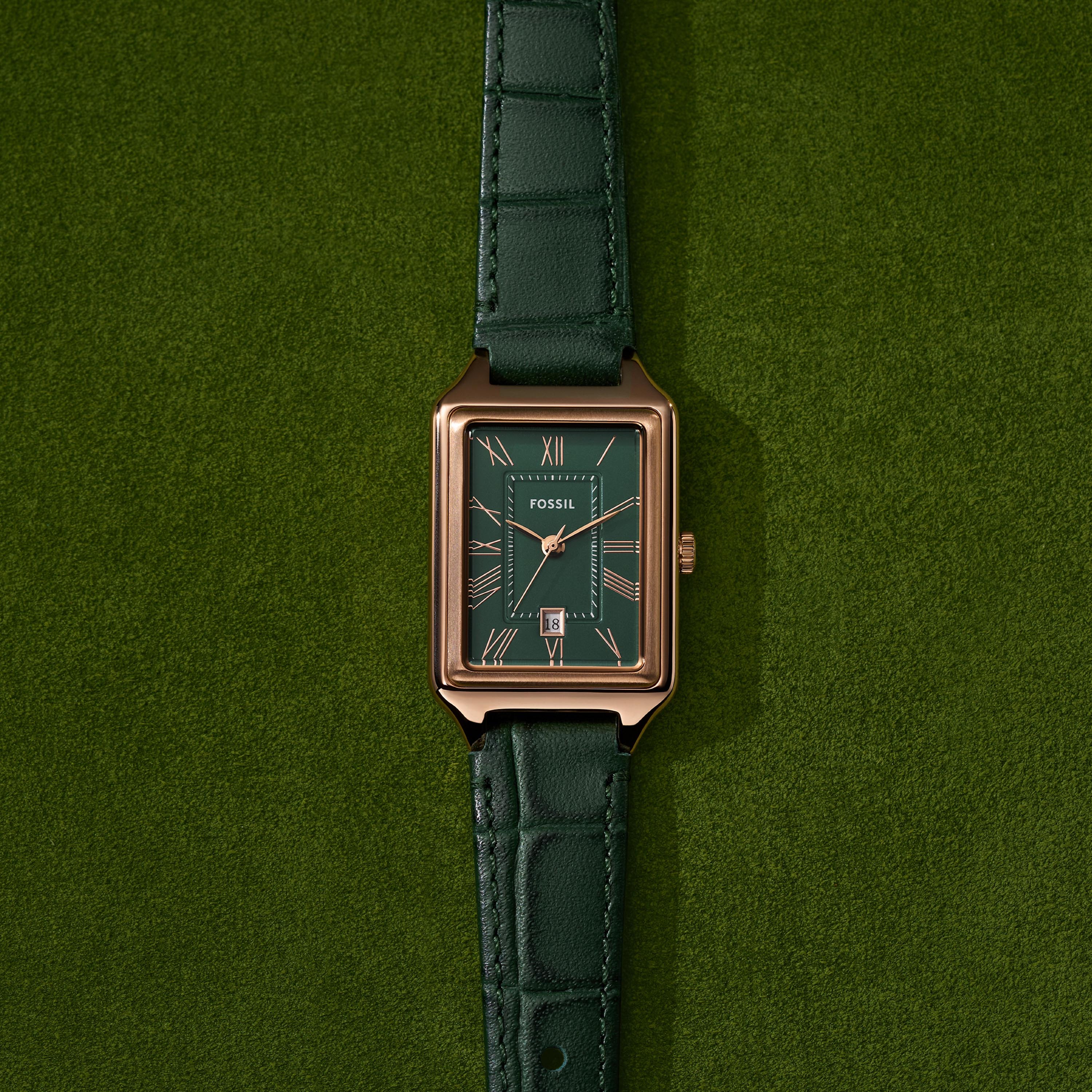 Fossil Raquel Three-Hand Rose Gold Case Green Dial and Leather Band Watch ES5366