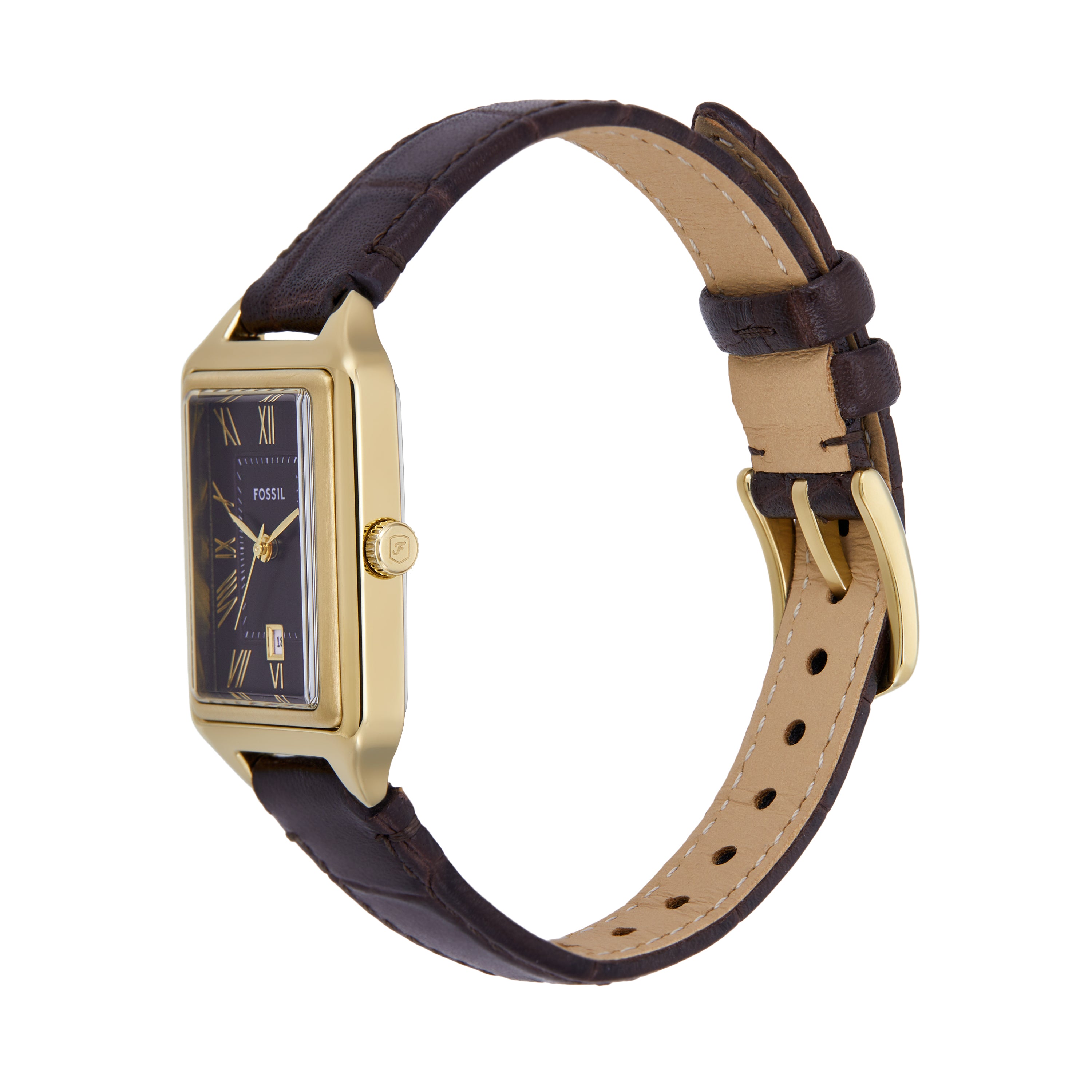 Fossil Raquel Three-Hand Gold Case Brown Dial and Leather Band Watch ES5367