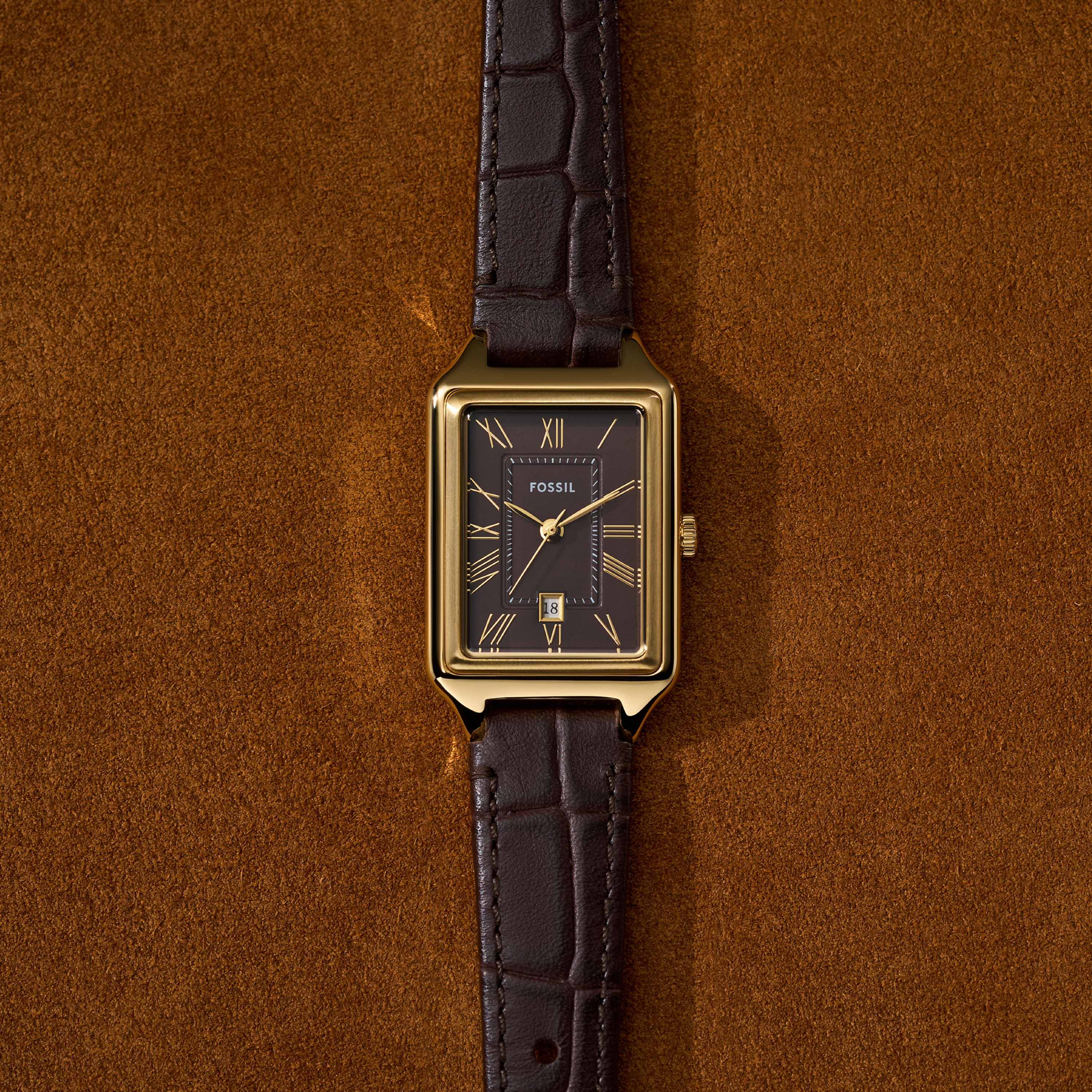 Fossil Raquel Three-Hand Gold Case Brown Dial and Leather Band Watch ES5367