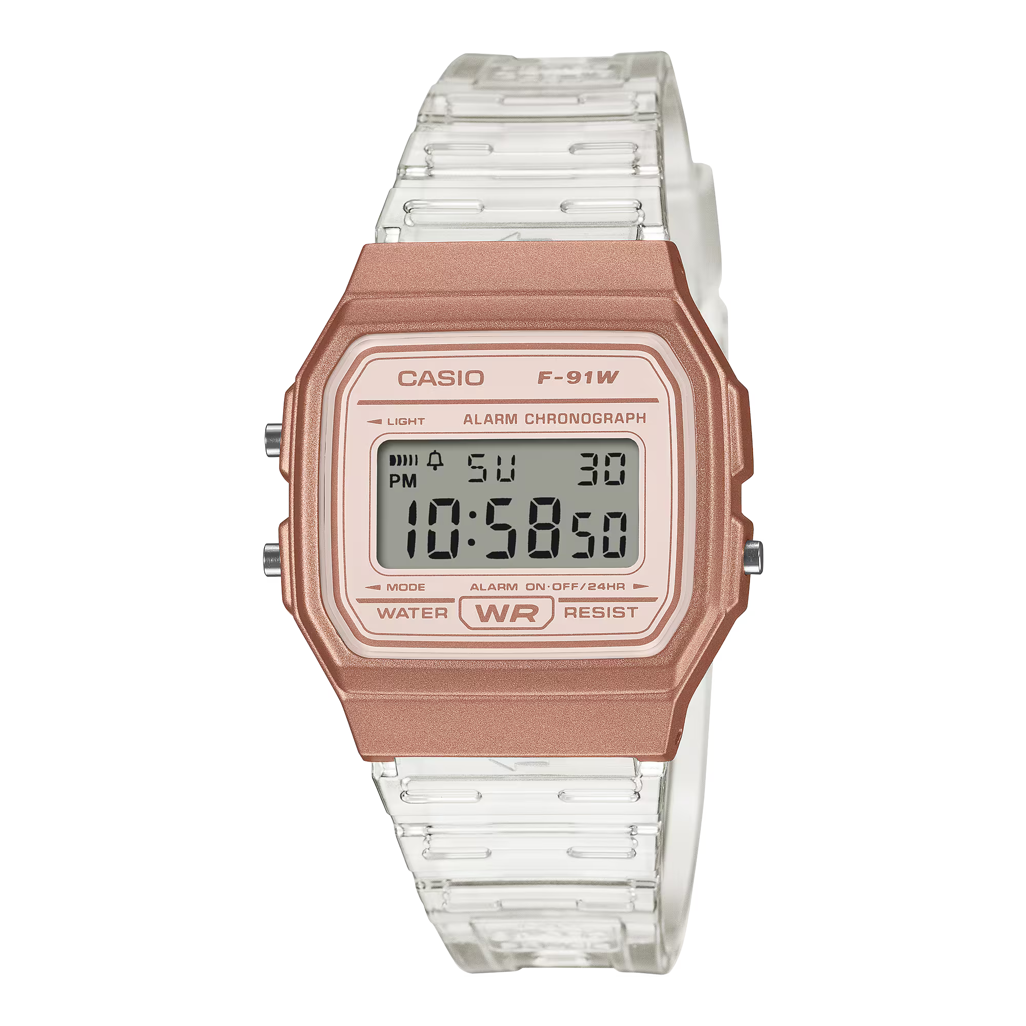 Casio Classic Rose Gold and Clear Resin Band Digital Watch F91WS-7A3