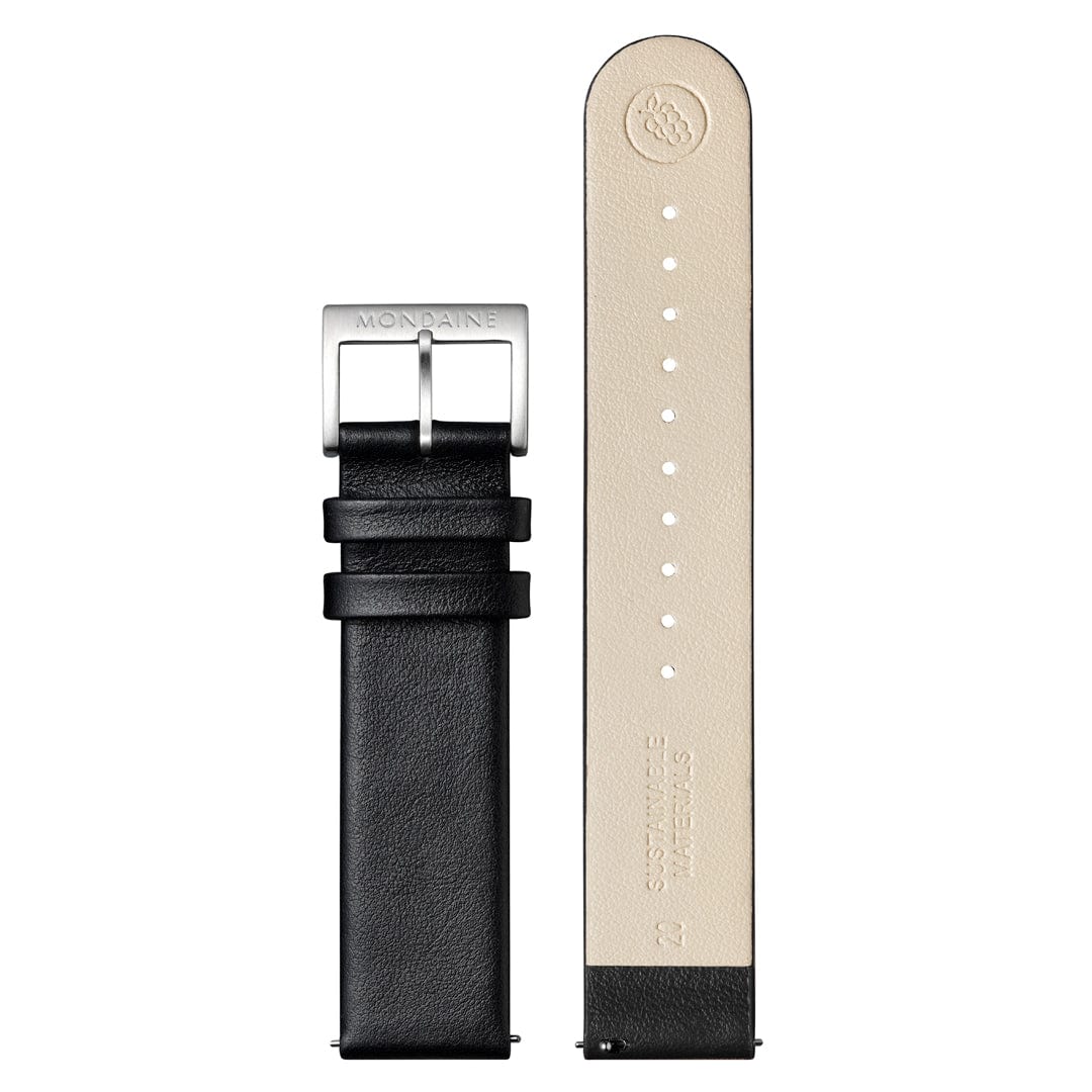 Black leather watch strap with a silver buckle.