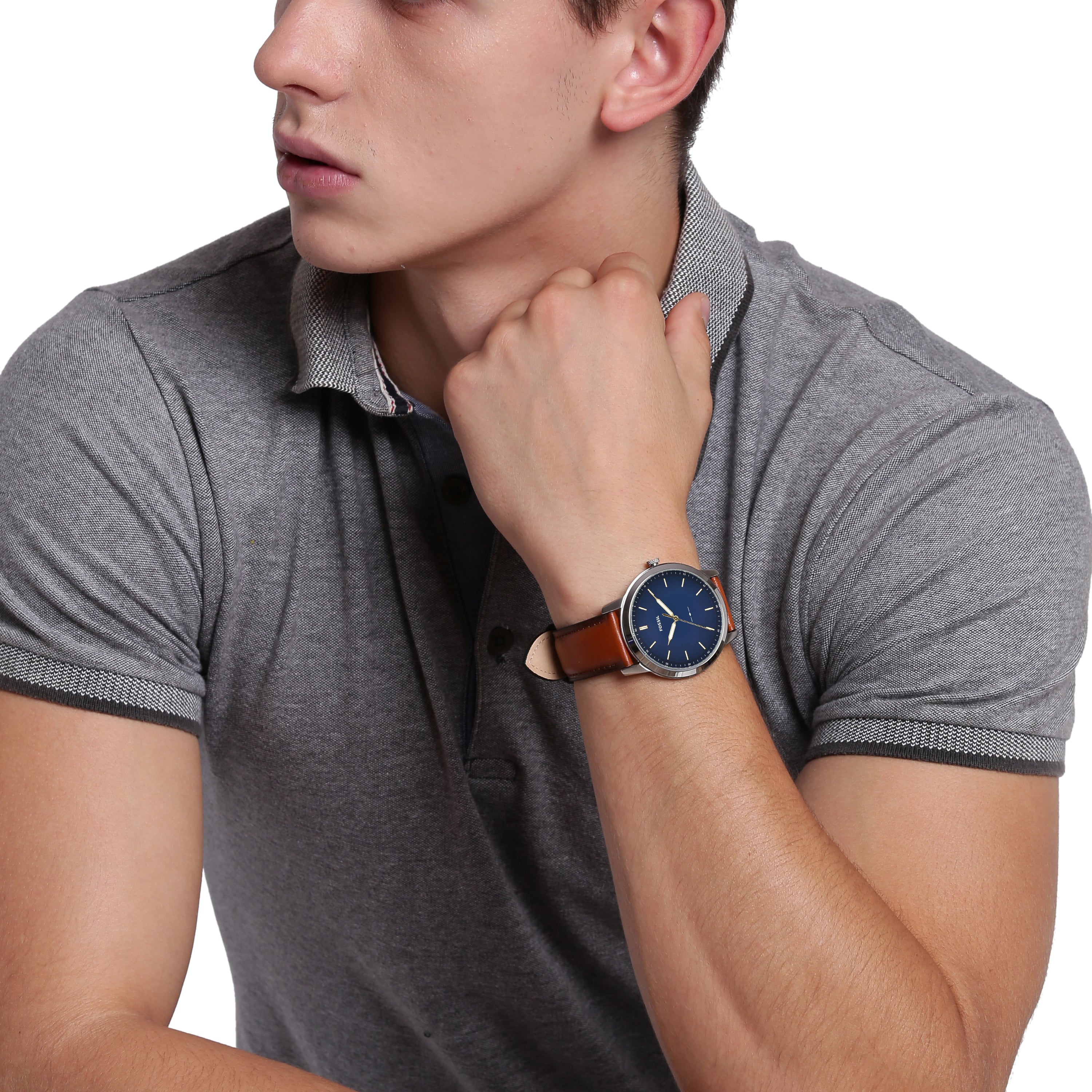 Fossil The Minimalist Blue Dial Brown Leather Strap Watch FS5304
