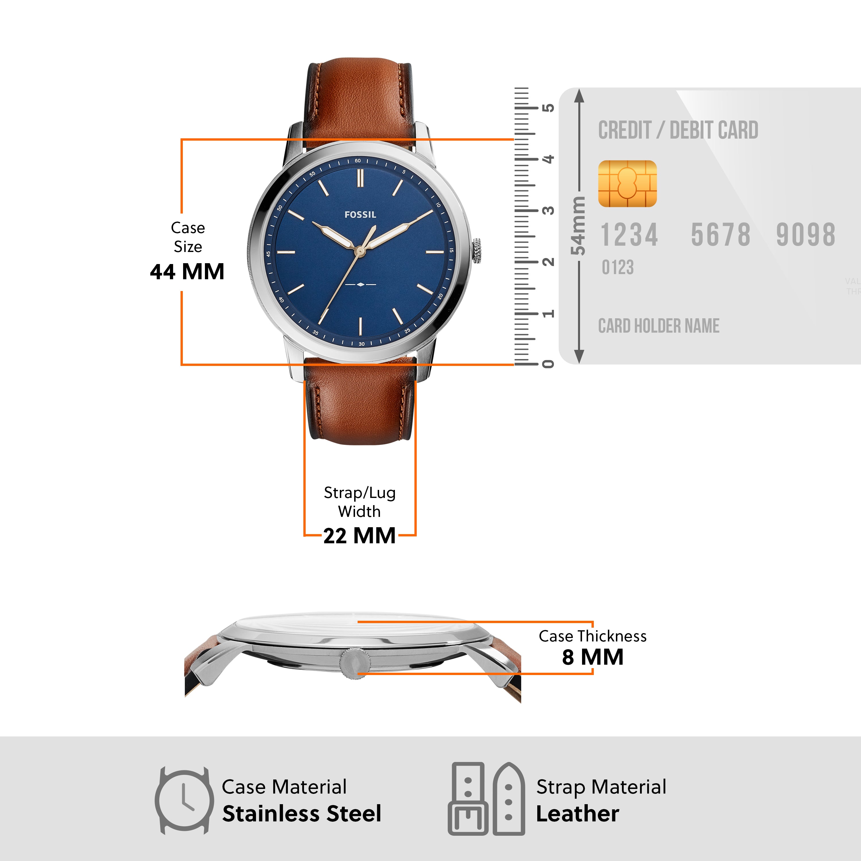 Fossil The Minimalist Blue Dial Brown Leather Strap Watch FS5304