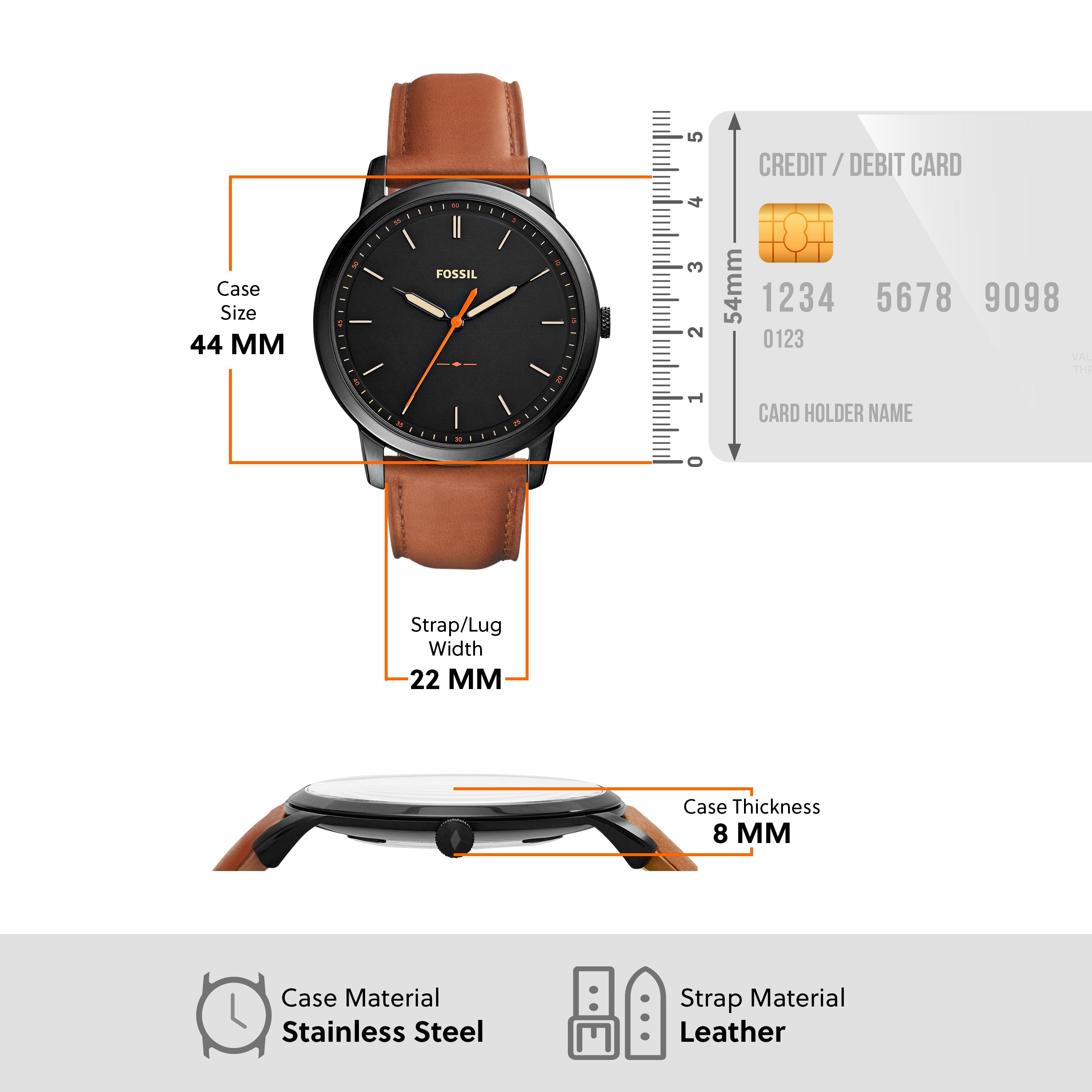 Fossil Minimalist Black Dial Slim Light Brown Band Leather Watch FS5305