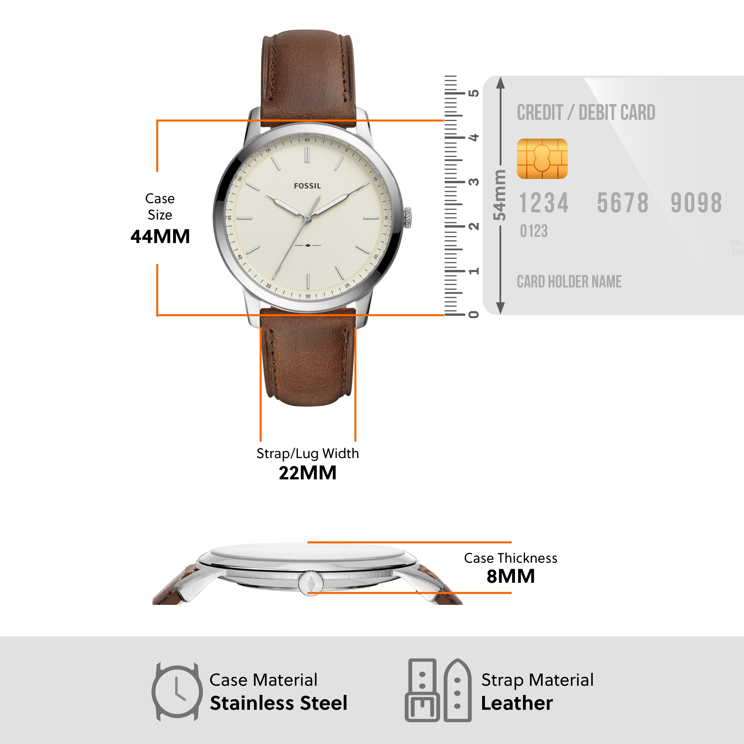 Analog wristwatch with a brown leather strap and round silver case.