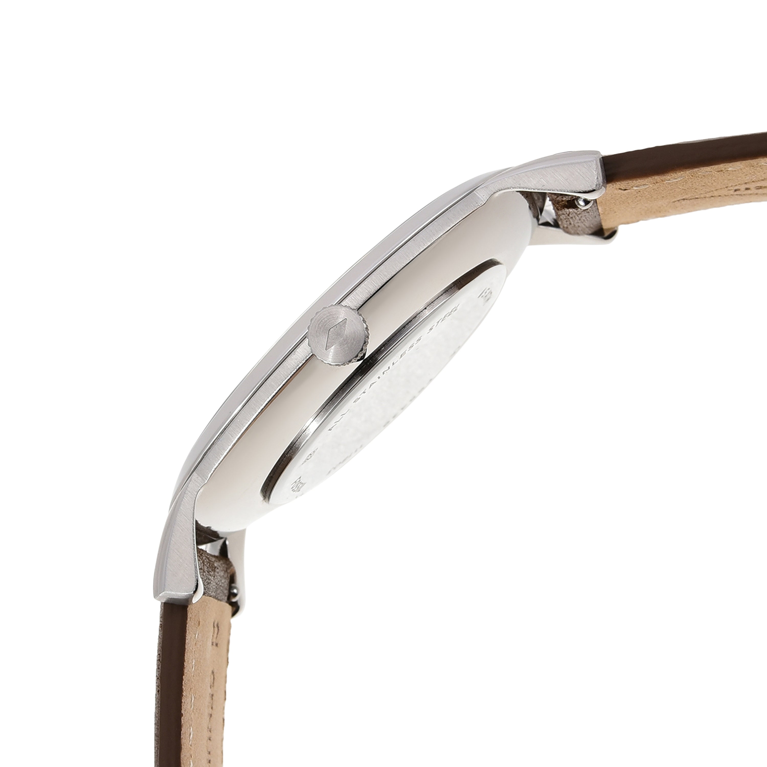 Side view of a wristwatch with a brown leather strap and silver case.
