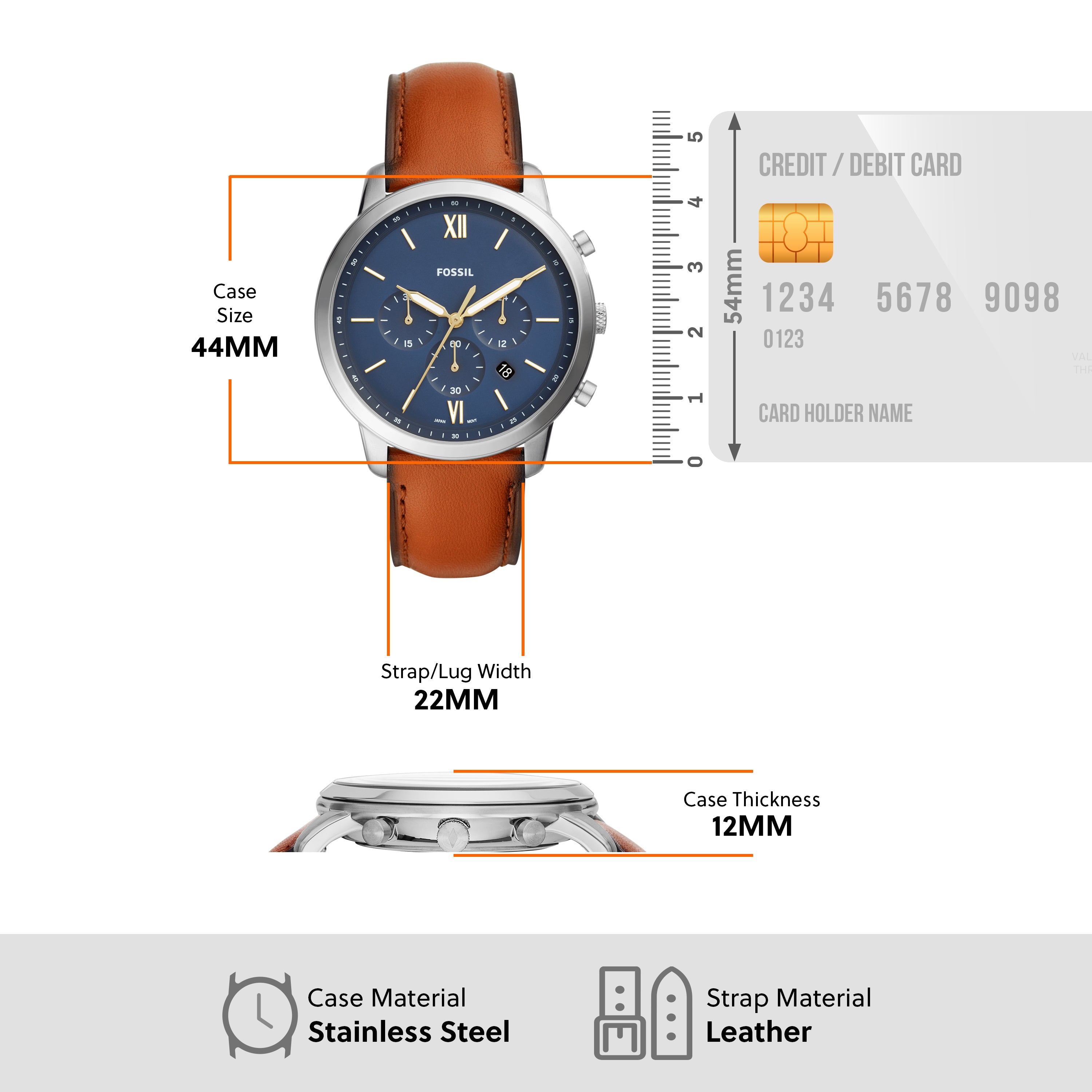 Stylish men’s wristwatch with a blue dial, brown leather strap, and stainless steel case.