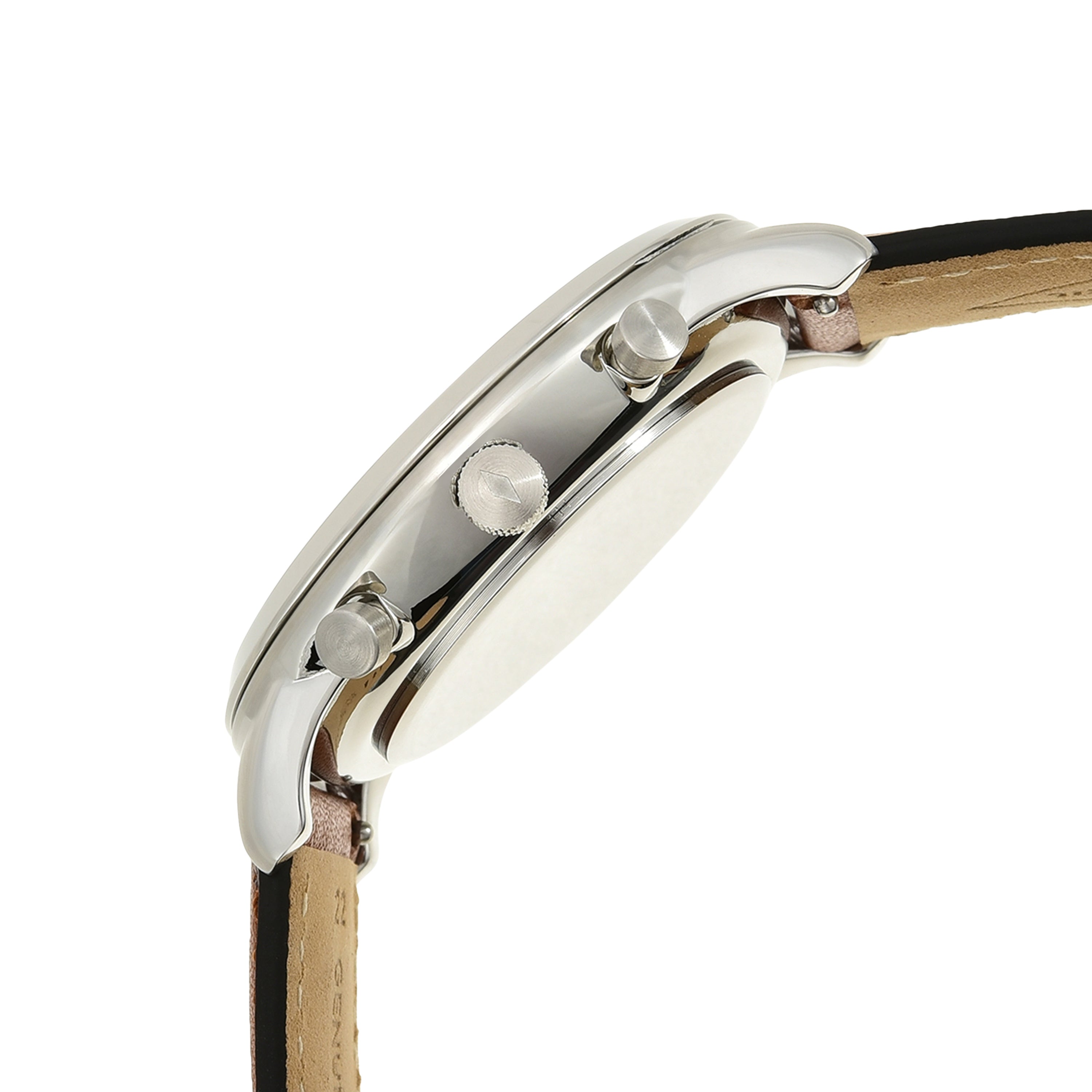 Side view of a wristwatch with a silver case and brown leather strap.
