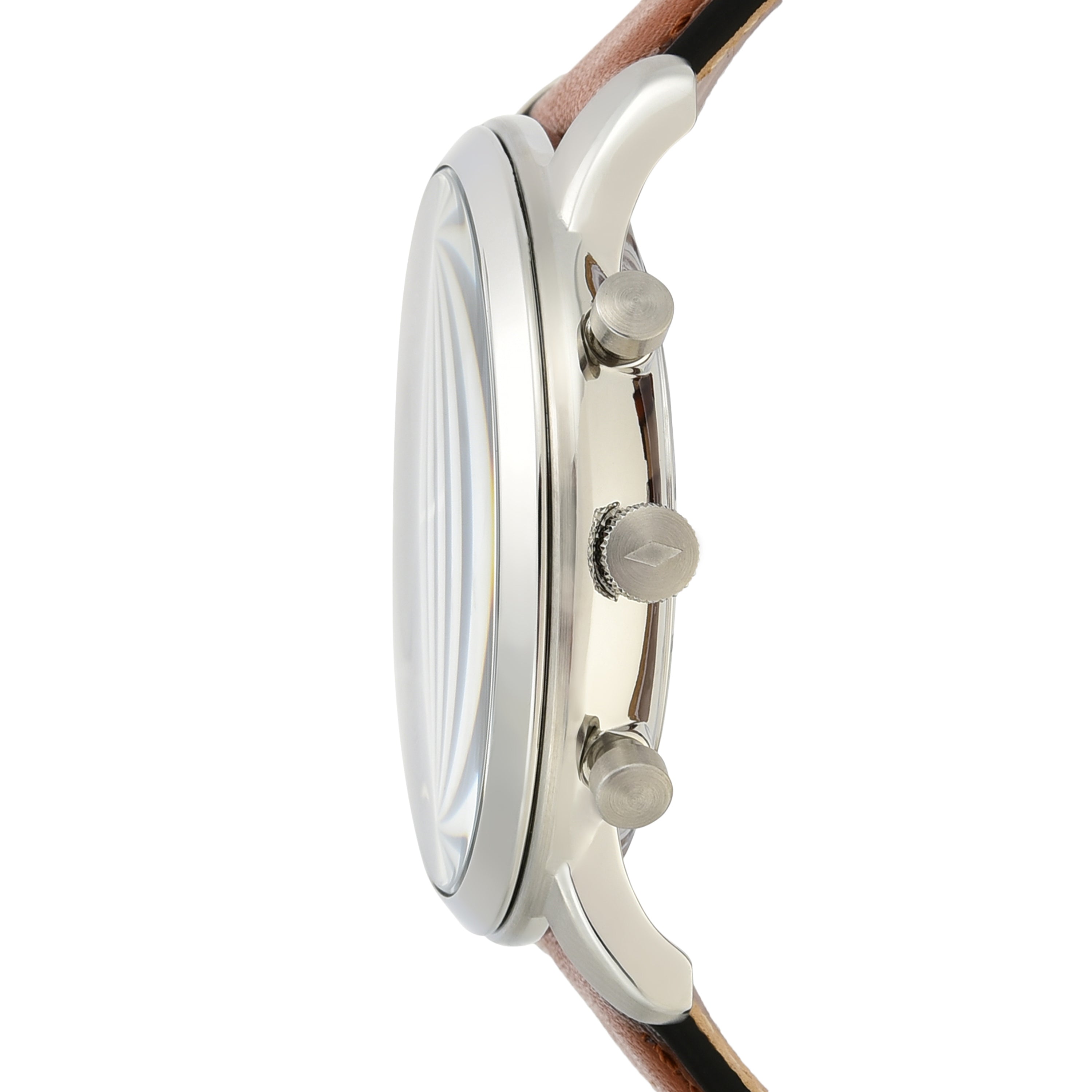 Side view of a wristwatch with a round silver case and brown leather strap.